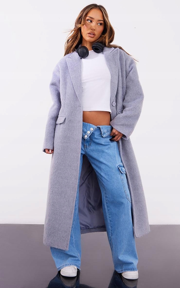 KU538 Prettylittlething Klasický Šedý Oversize Kabát (9) L