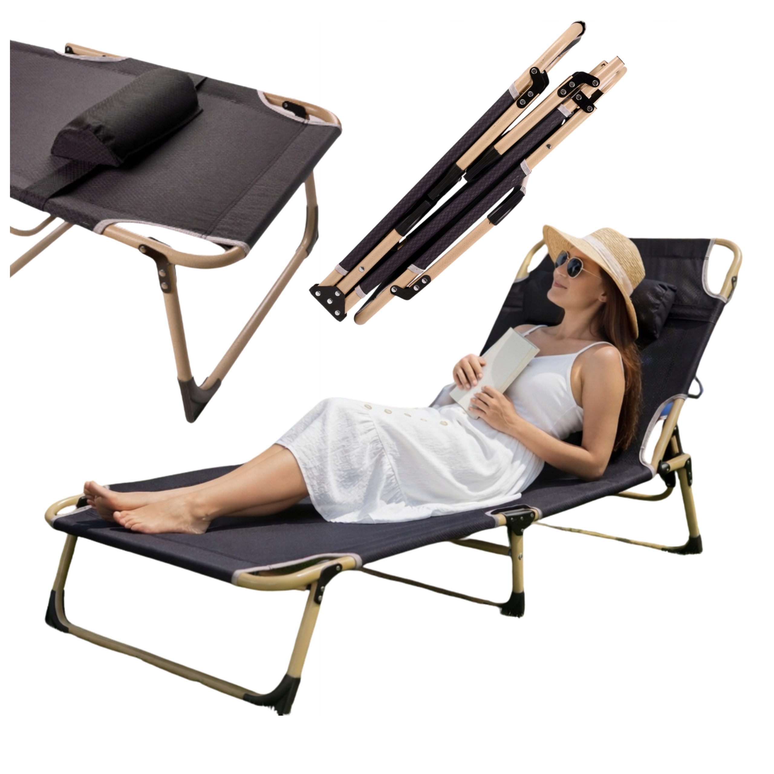 Łóżko Polowe Turystyczne Składane Kanadyjka Leżanka Z Regulacją Szare 193CM