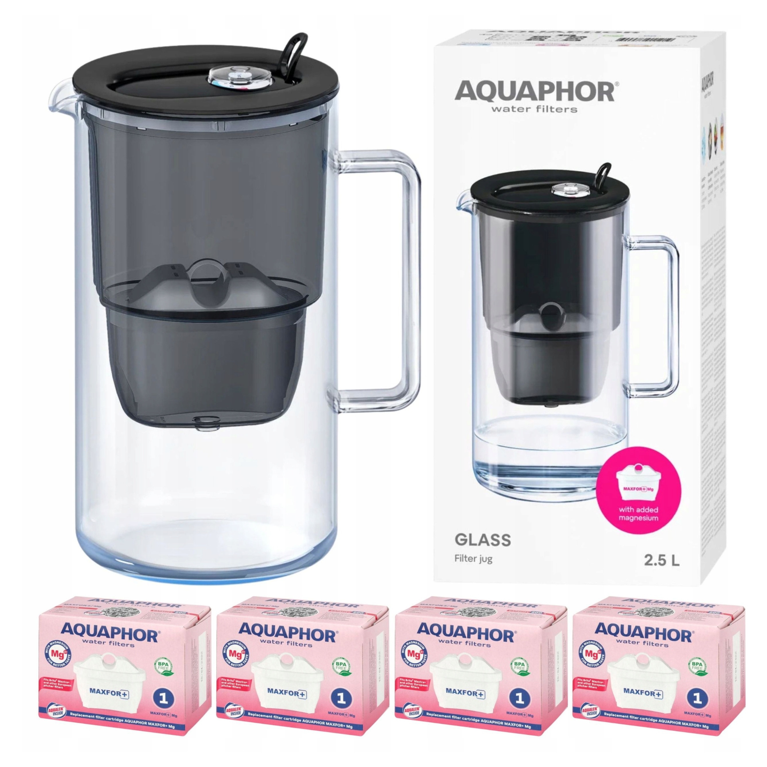 Filtrační konvice skleněná Aquaphor Glass, černá 4 filtry Maxfor+ Mg