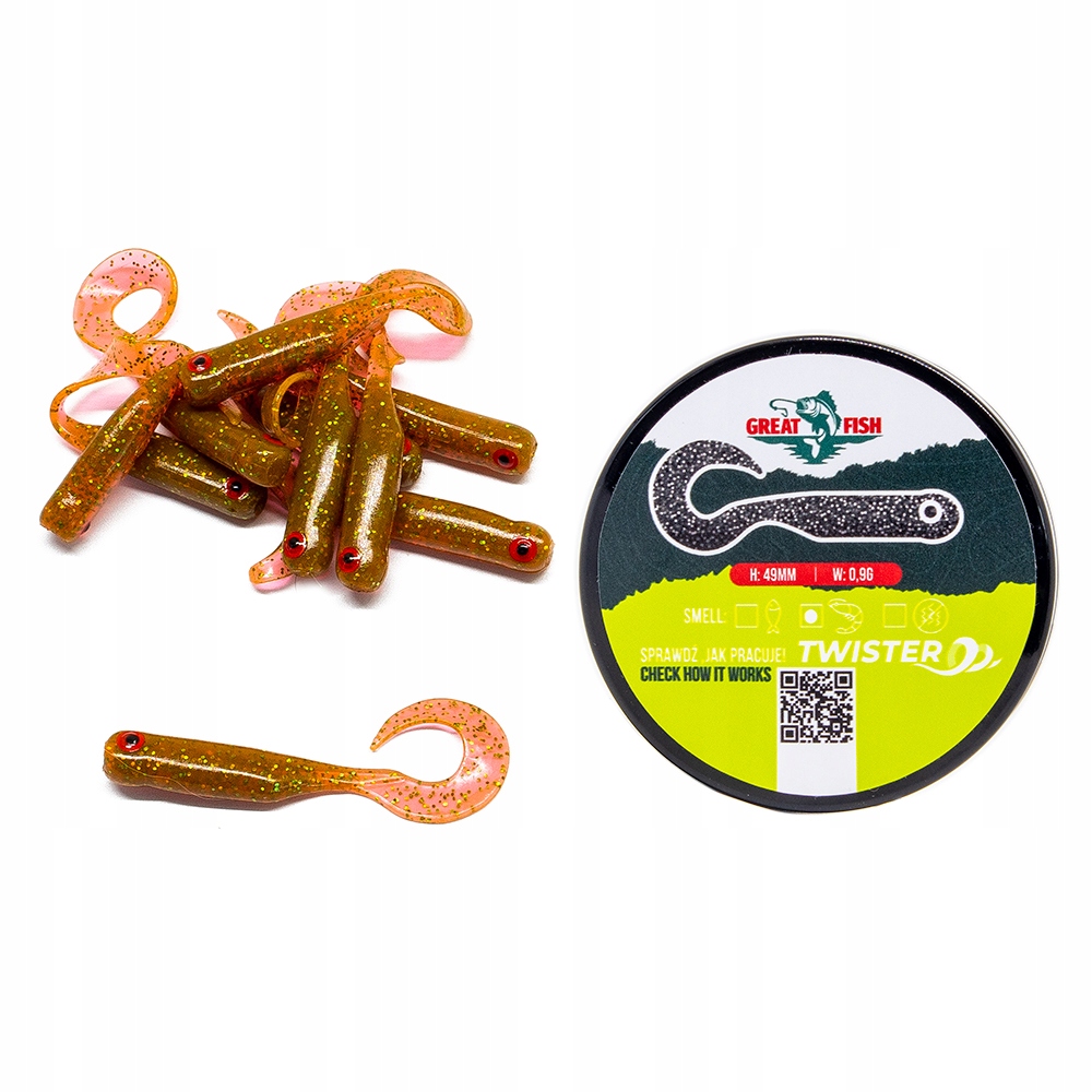 Great Fish GF1 Twister Soft Bait Shrimp Scent Motor Oil Green 10szt. 49mm