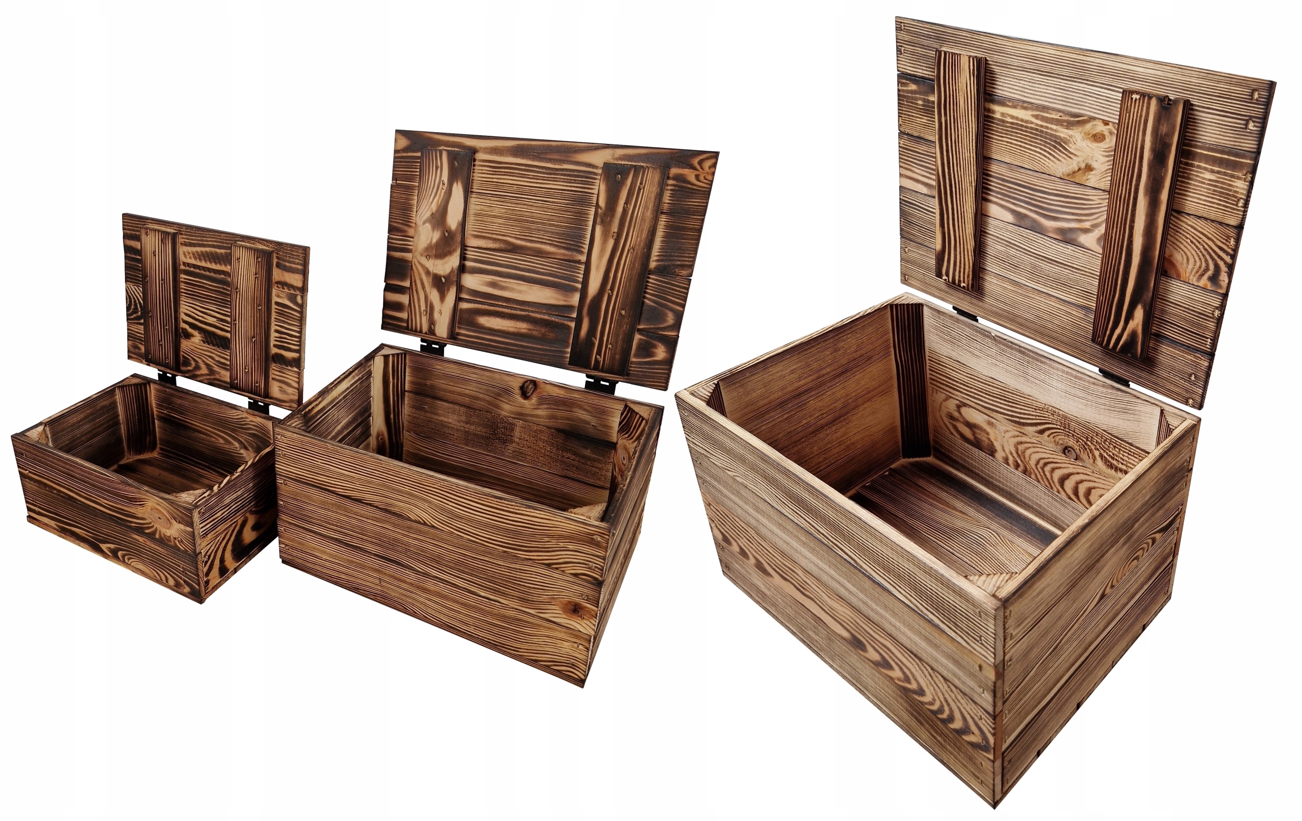 3 Dřevěné Krabice S Uzávěrem, Krabice S Klopou, Kufry Z Opáleného Dřeva