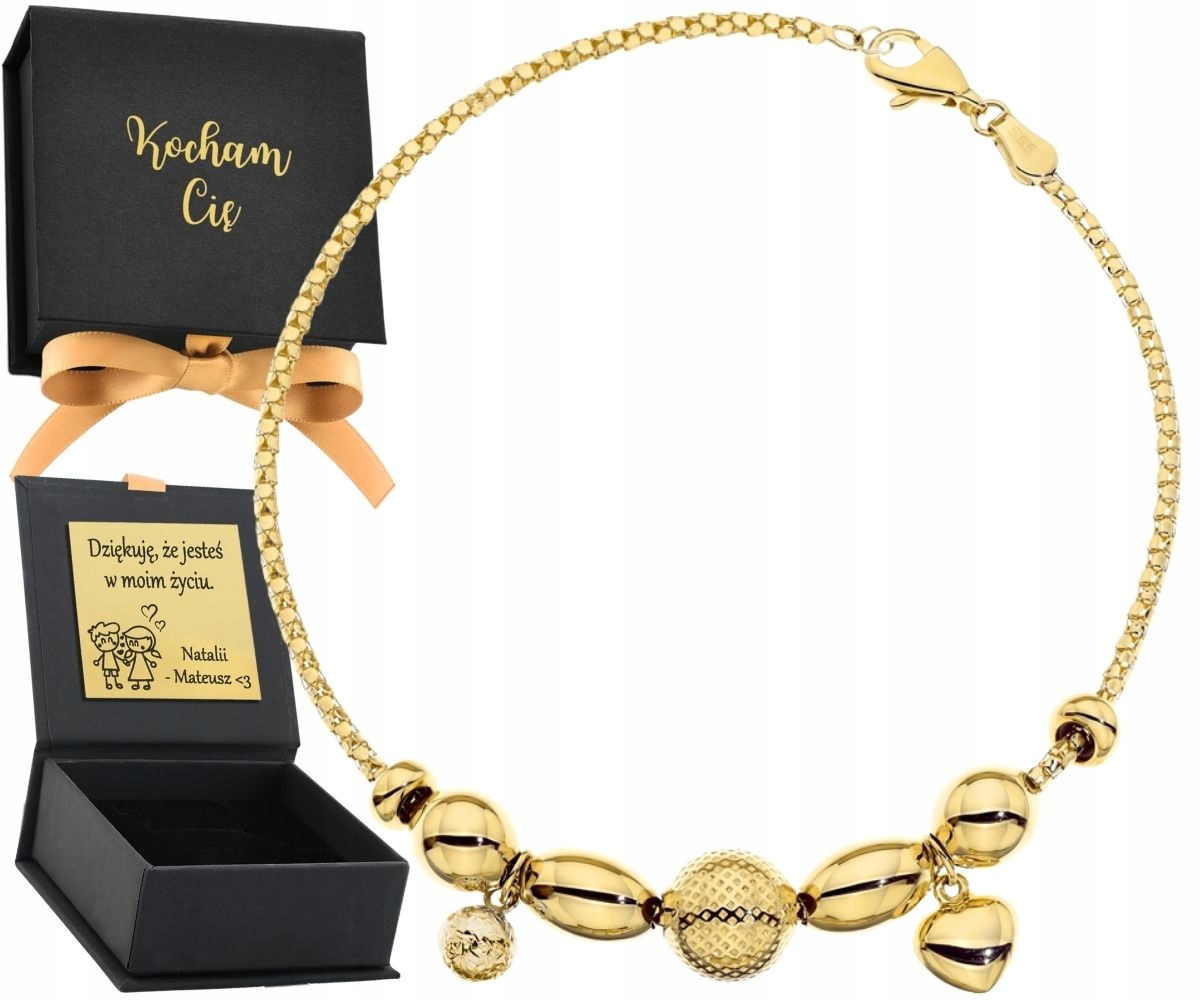 Zlatý náramek s kuličkami a srdcem zdobený diamantováním 585 Dárek