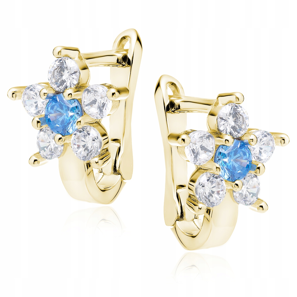 Zlaté náušnice anglické zapínání kytičky modré květy stříbro 925