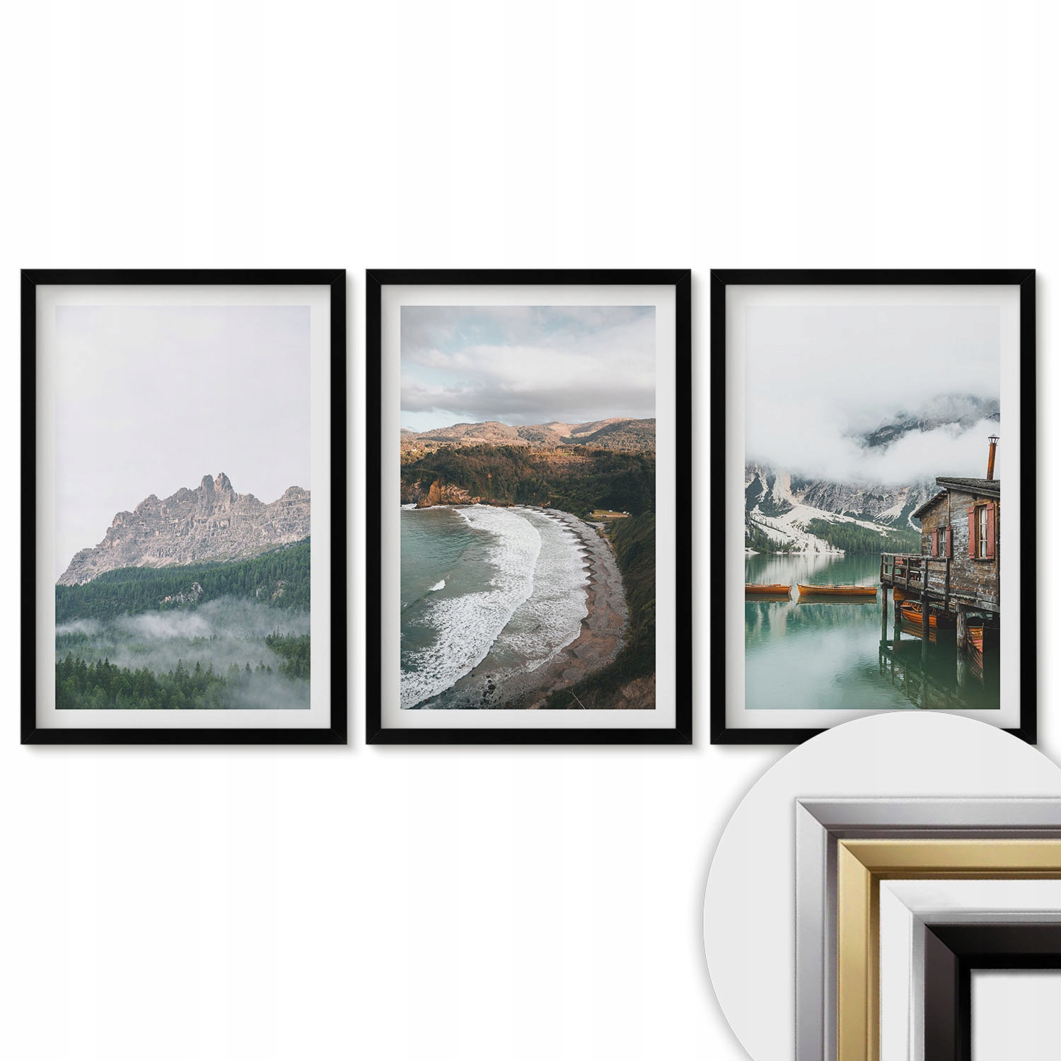 Triptych Sada 3 obrazů Elegantní dekorace Horské pláže dřevěný dům