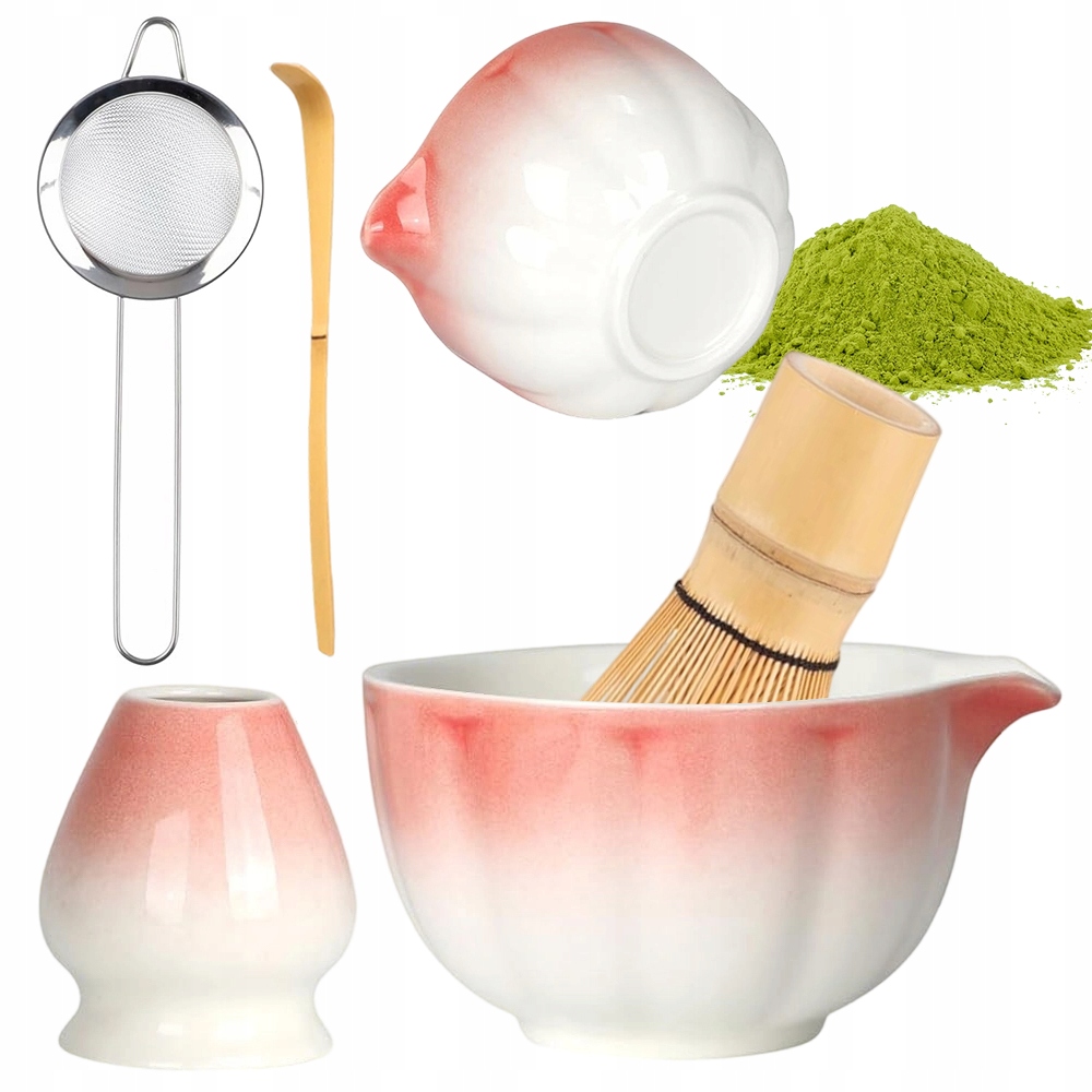 Levně Sada Na Přípravu Matcha 450 ML Růžovo-bílá Keramická S Podstavcem