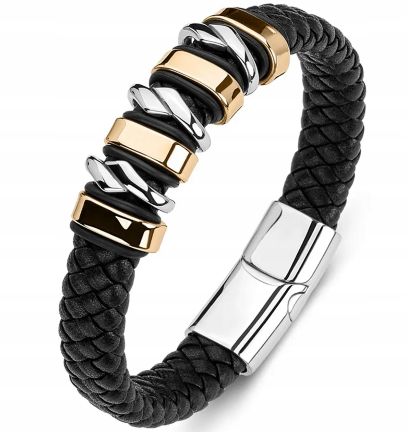 Kožený náramek z oceli, černý, zlatý, pletený, Ocel 316 l, pevné zapínání