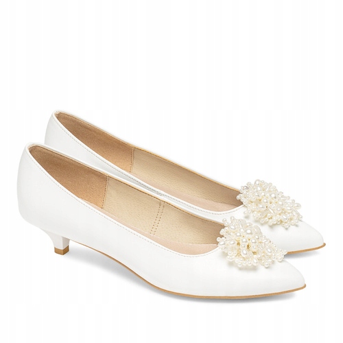 Brilu Polskie Niskie Szpilki Z Perełkową Ozdobą Kylie Białe 39