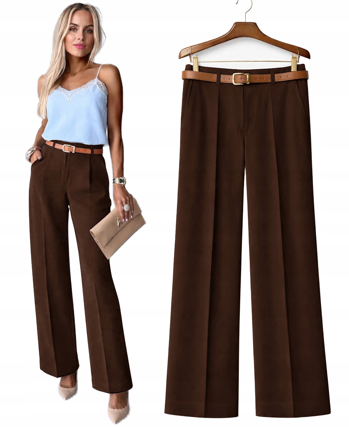 Spodnie damskie Szwedy szerokie nogawki kant pasek XL Milano