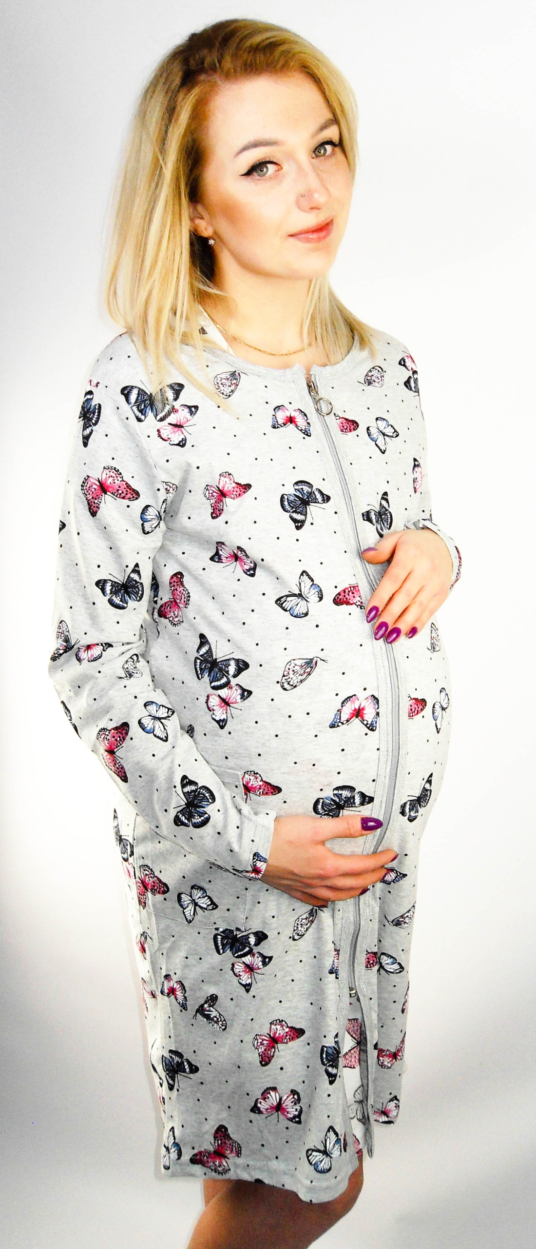 SZLAFROK CIĄŻOWY BAWEŁNA do szpitala KARMIENIA M Rękaw inny