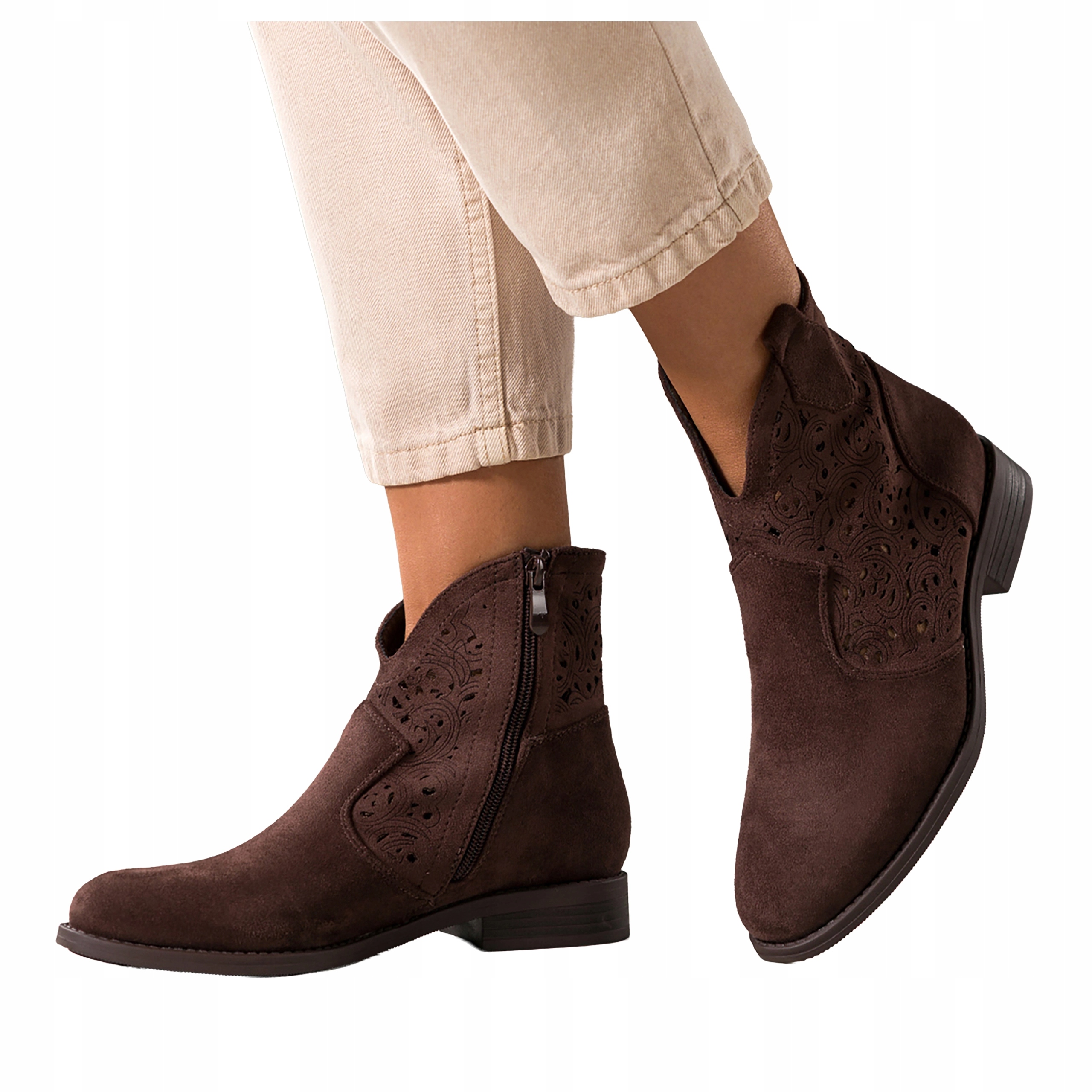 Kotníkové Boty Čokoládové Dámské Ploché Ažurové Svršek Pohodlné Semišové vel 40