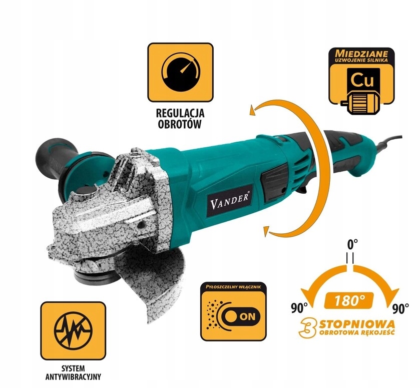 Szlifierka kątowa sieciowa125mm 1200W obrotowa rączka 230V Vander