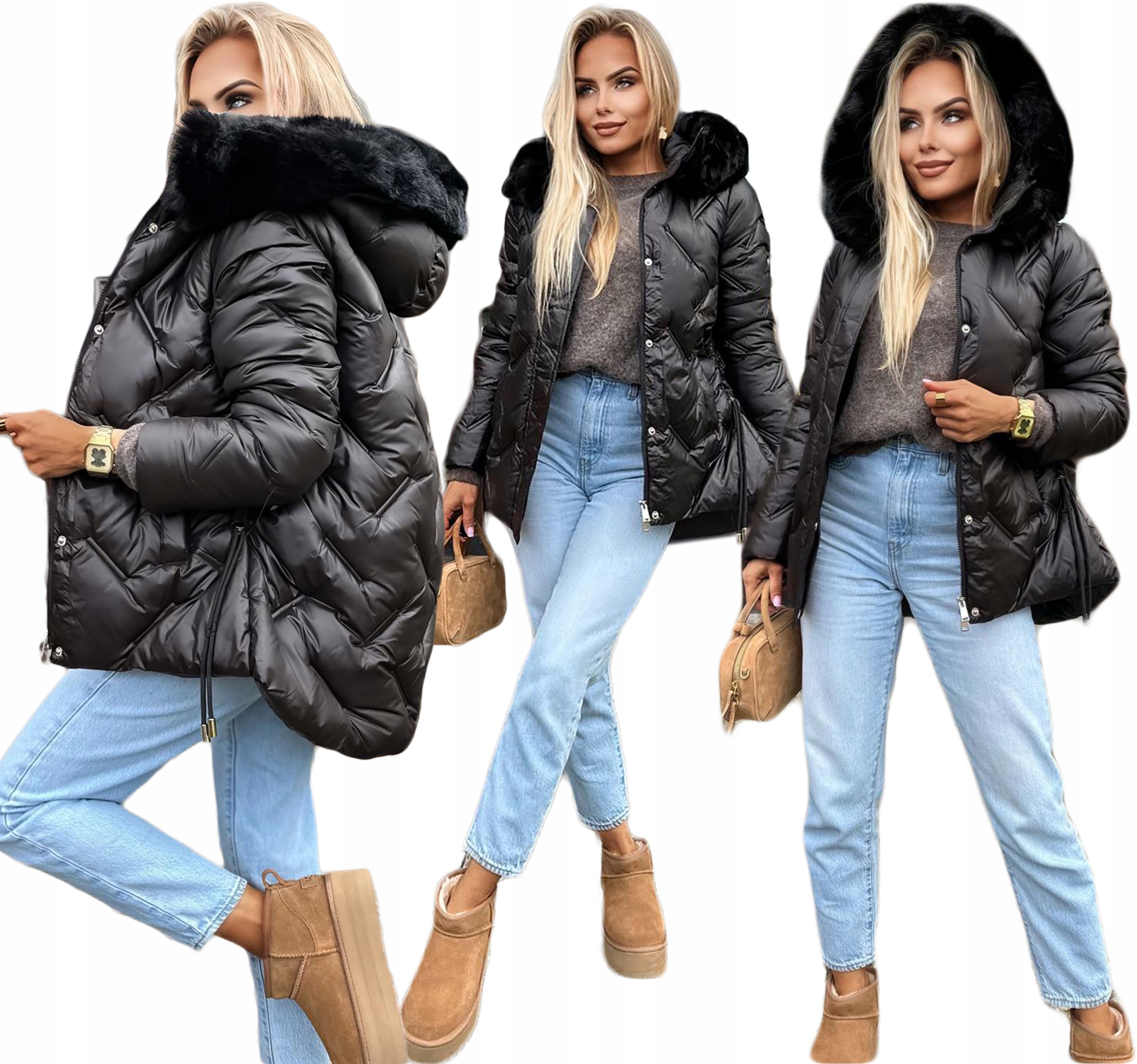 Černá teplá silná zimní bunda dámská prošívaná kožíšek XL Stella