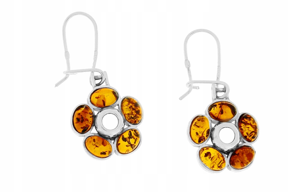 Stříbrné Náušnice Závěsné květiny s jantarem Květiny Bigiel Stříbro 925