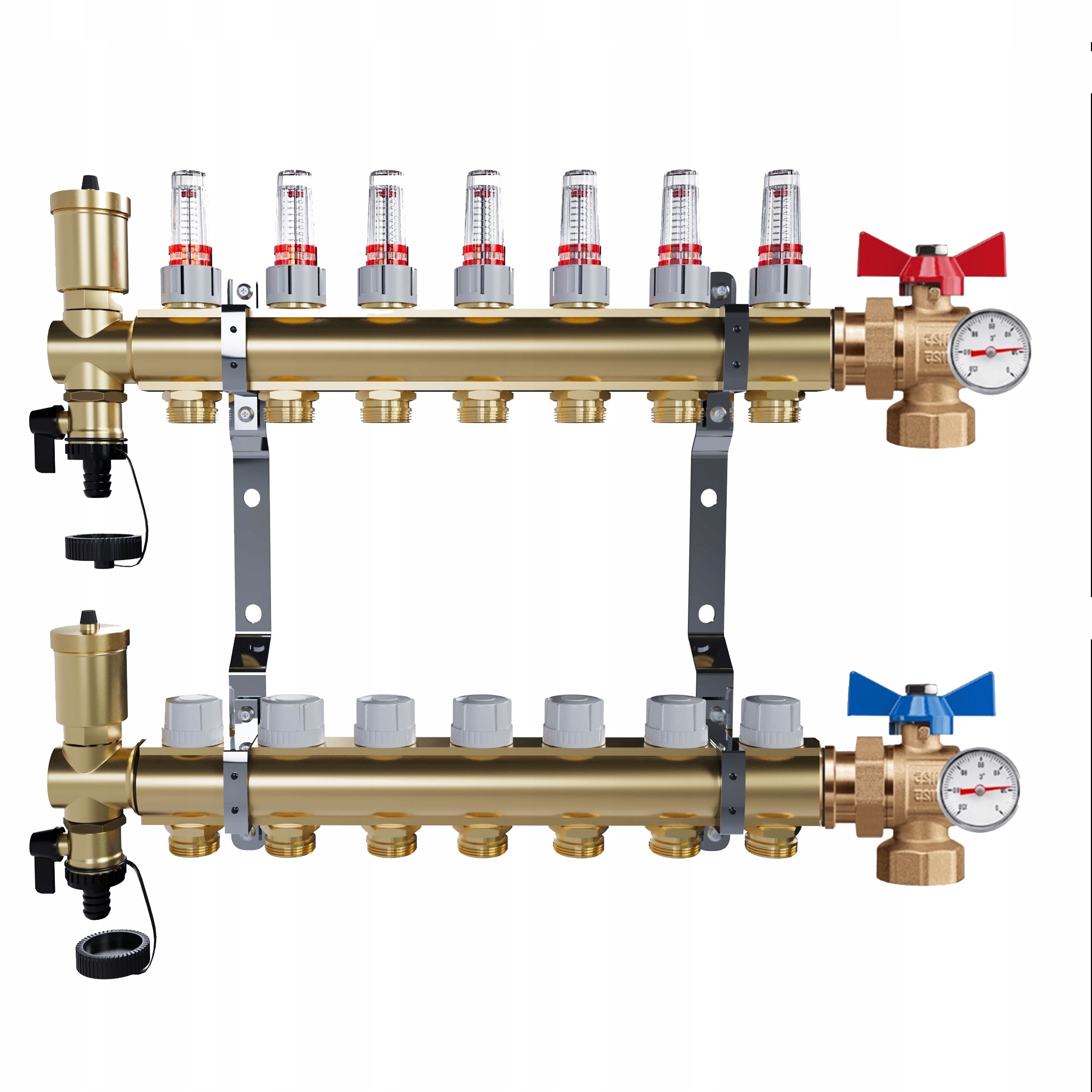Rozdělovač mosazný Podlahovky 7 okruhů Kulové ventily Teploměr