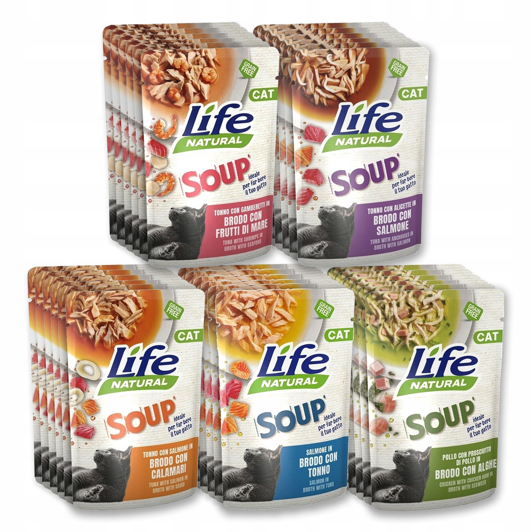 Levně Life Cat Soup pro kočky kapsička 60 g 30 ks MIX 5 příchutí všech polévek