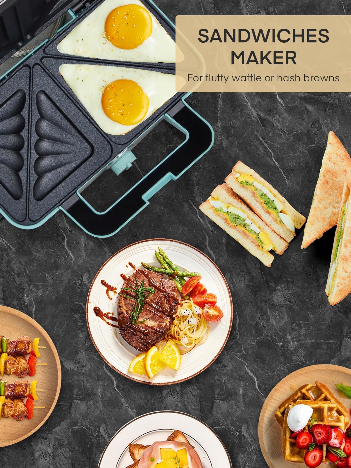 FOHERE Opiekacz 3w1 1200W Gofrownica Grill Kanapki Niebieski — miniatura 8