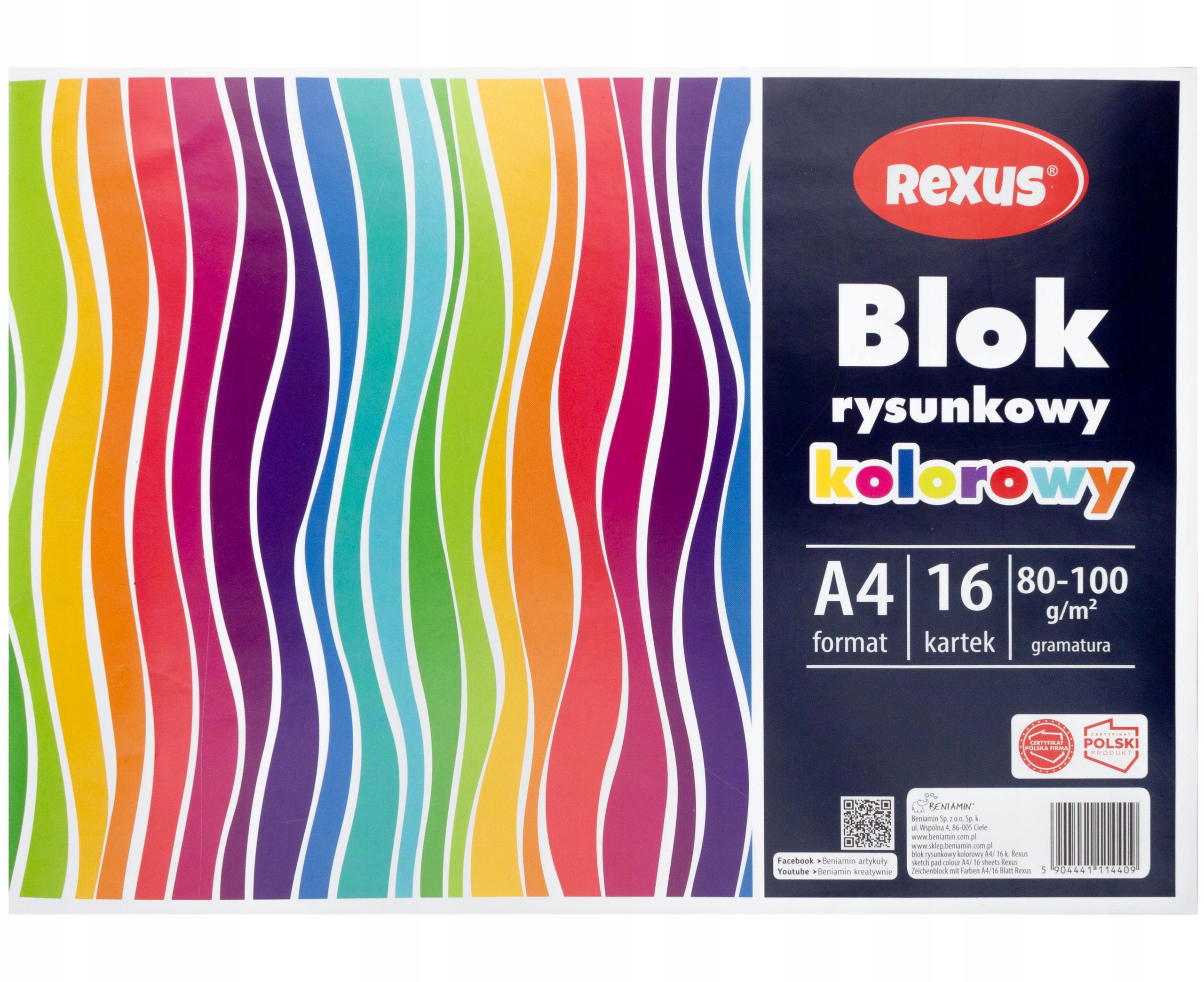 BLOK RYSUNKOWY KOLOROWY 16 KARTEK A4 BENIAMIN 90g Marka Beniamin