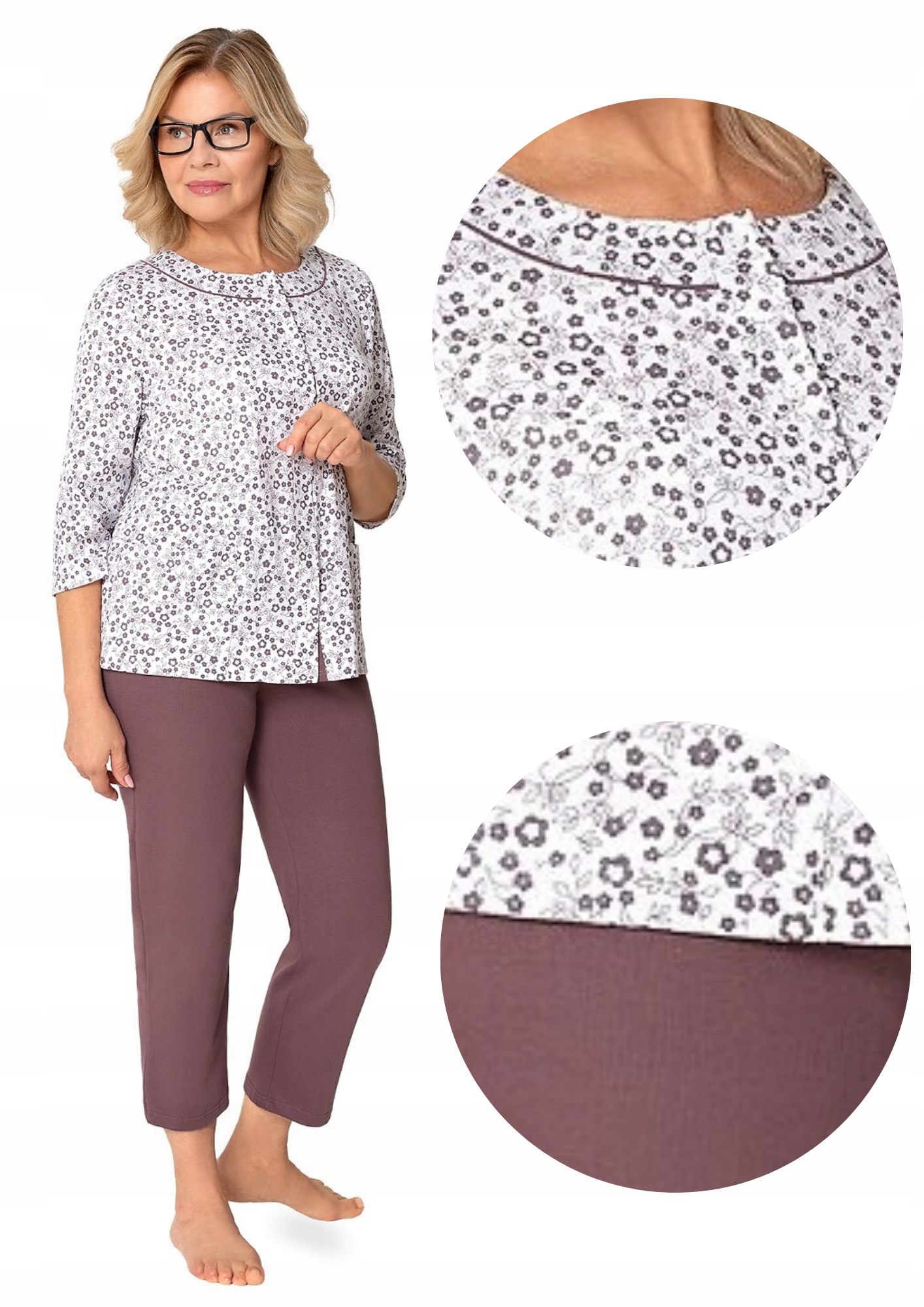 Pyžamo Martel Maria II rukáv 7/8 rozepínací bavlna švestková 3XL