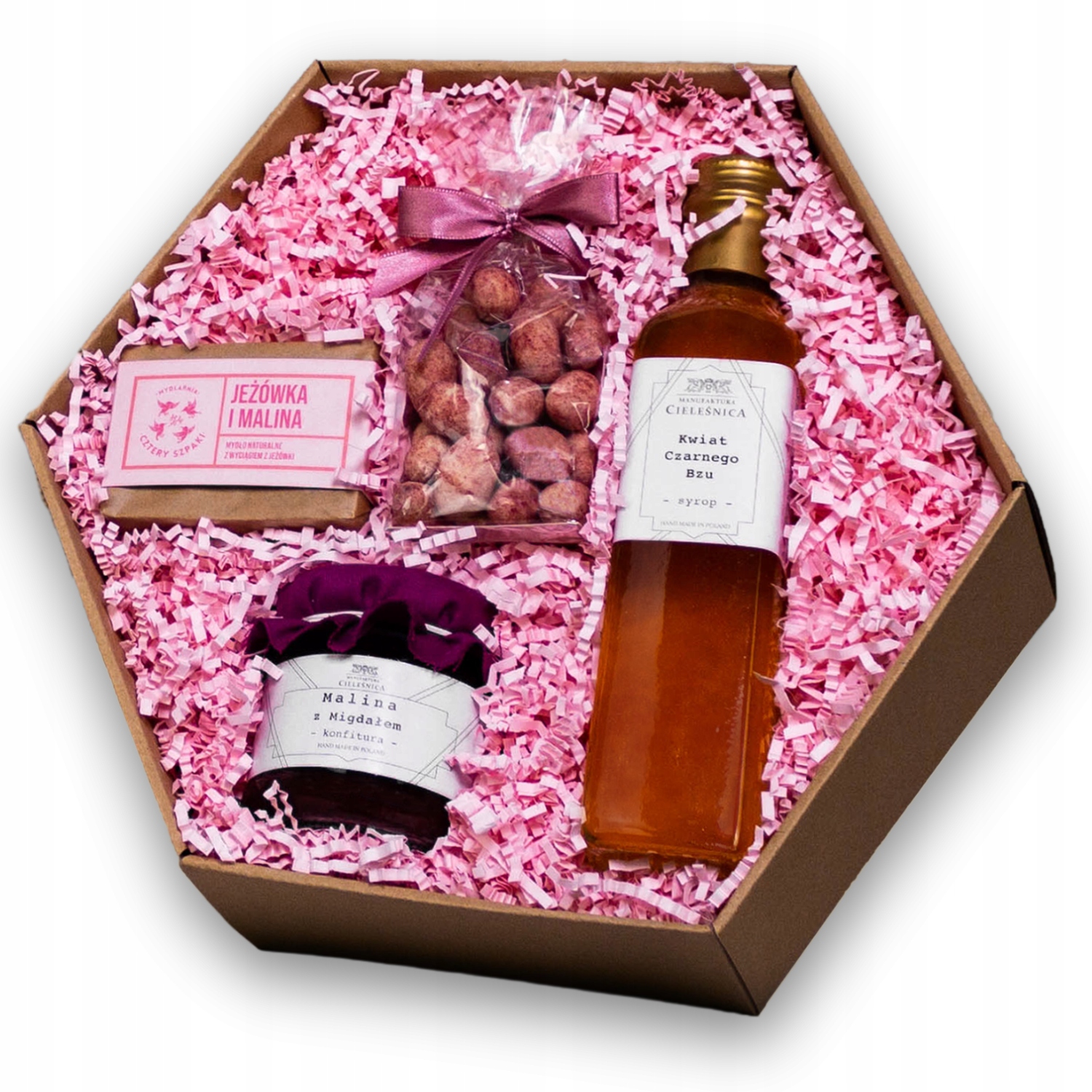 Levně Dárková krabička pro ni s sirupem, konfiturou, mandlemi a mýdlem Valentýn