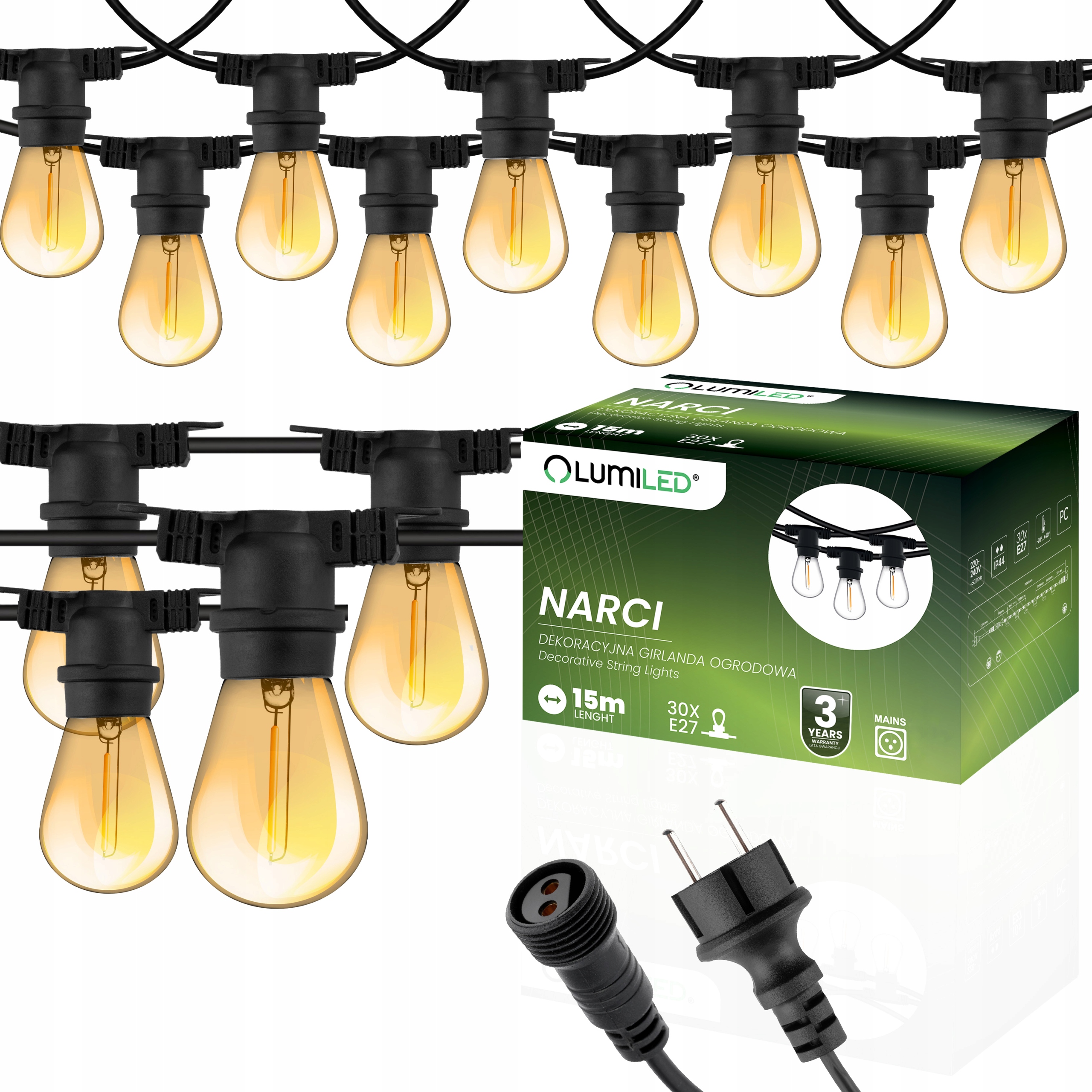 Venkovní zahradní girlanda s řetězem Led žárovka 15 m 30x E27 1,3W Premium