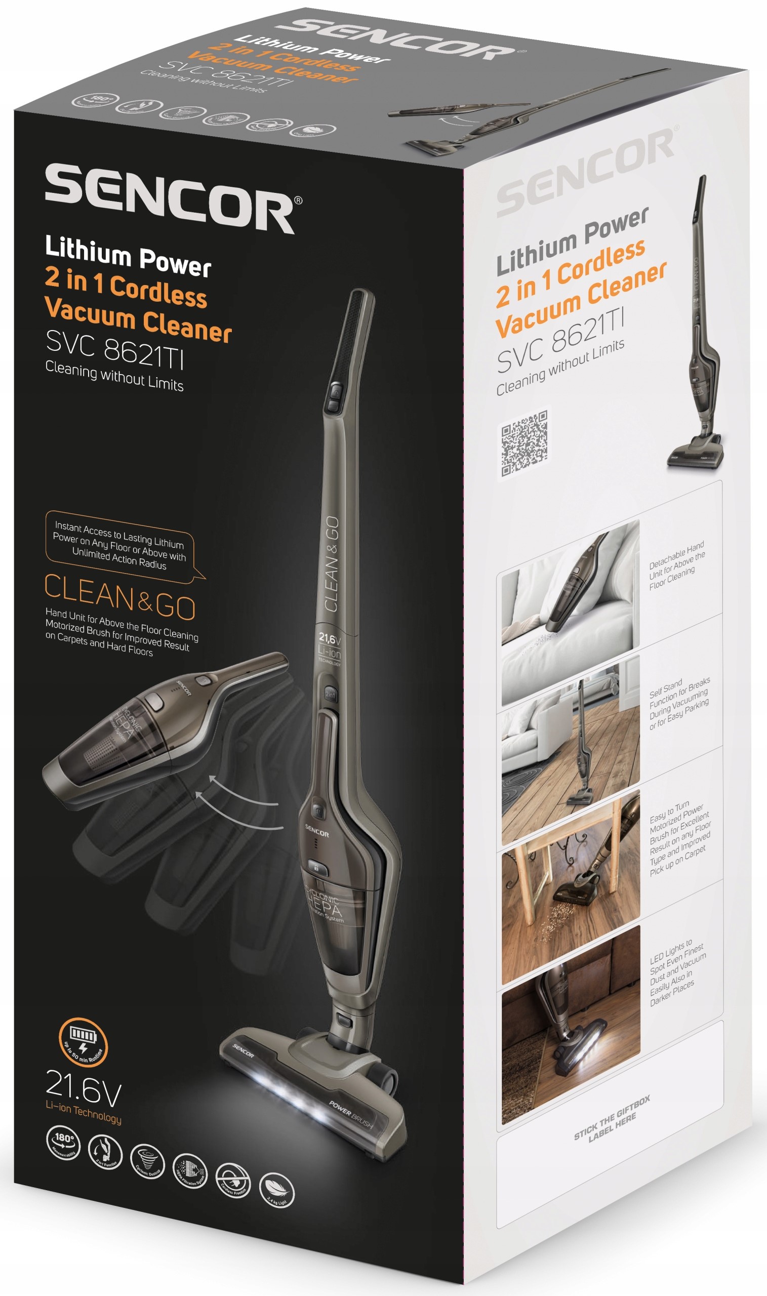 Odkurzacz bezprzewodowy bezworkowy 2w1 Sencor Czas ładowania 360 min