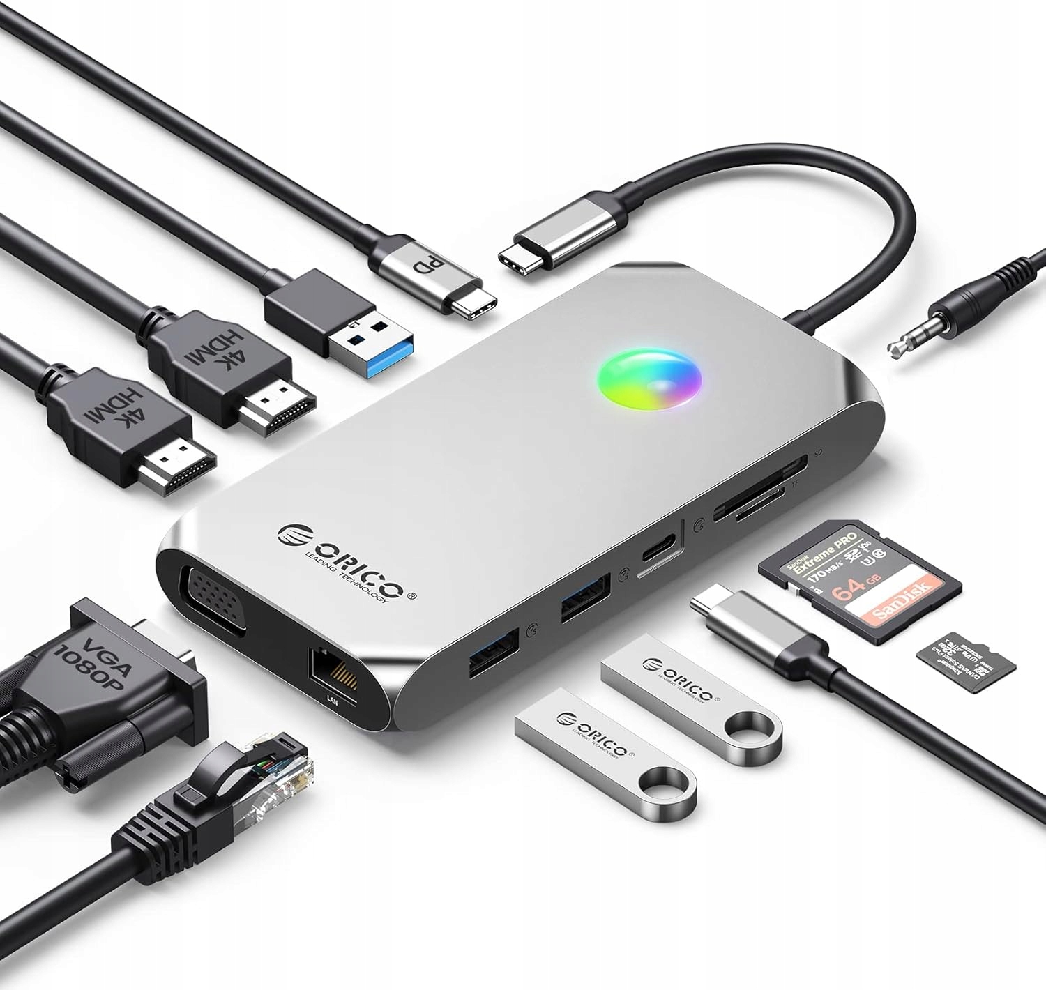 Dokovací stanice Usb C, Orico 12v1 Rgb adaptér, Dual 4K Hdmi, Pd 100W