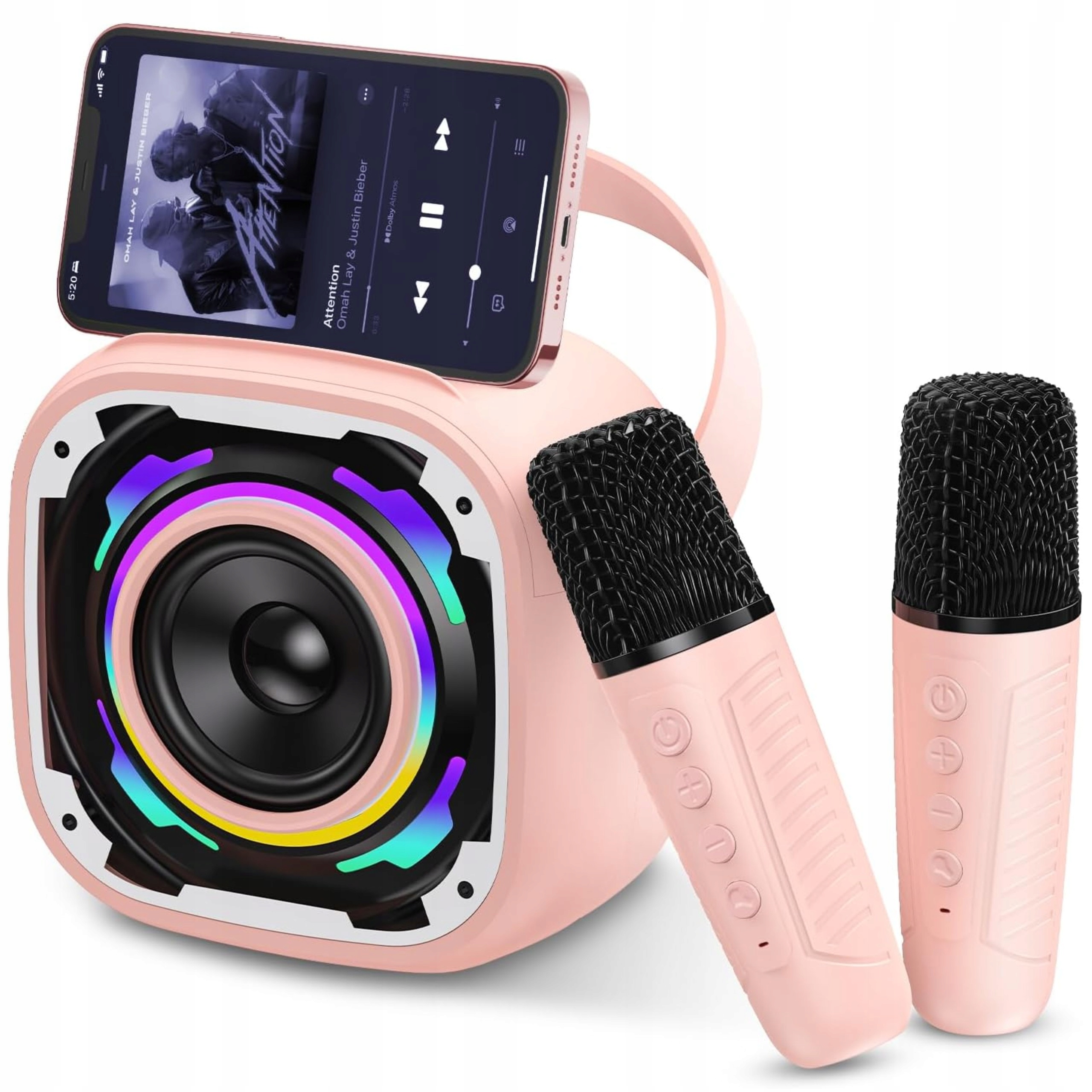 KARAOKE BEZPRZEWODOWY RÓŻOWY ZESTAW GŁOŚNIK BLUETOOTH +2 MIKROFONY RGB LED