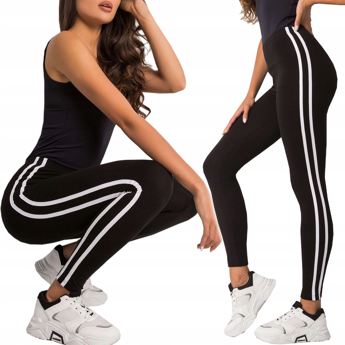 

Legginsy Czarne Lampasy Bambusowe Wysoki Stan, M/L