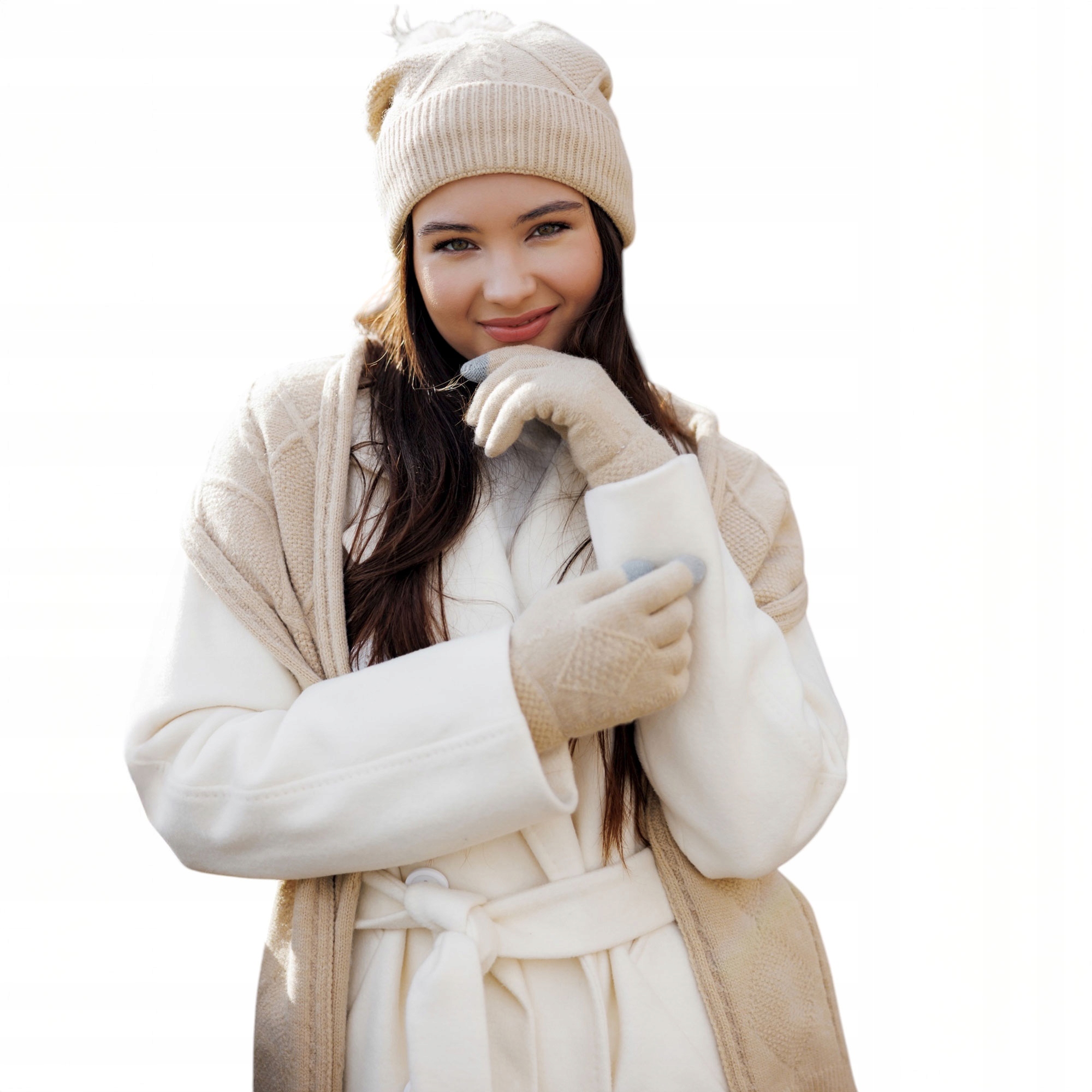 Dámská zateplená zimní souprava – čepice, šála a rukavice – Béžová
