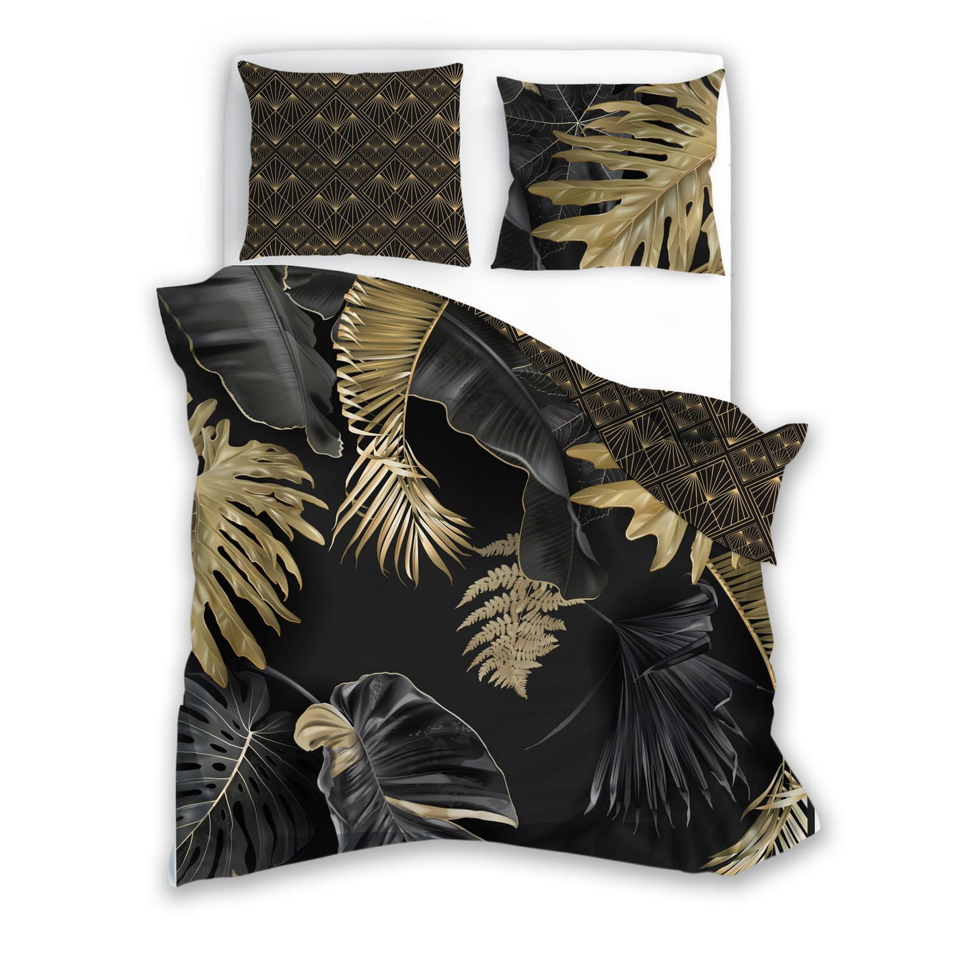 Czarno-złota Pościel Liście Dżungla Glamour Satyna Bawełniana 220x200