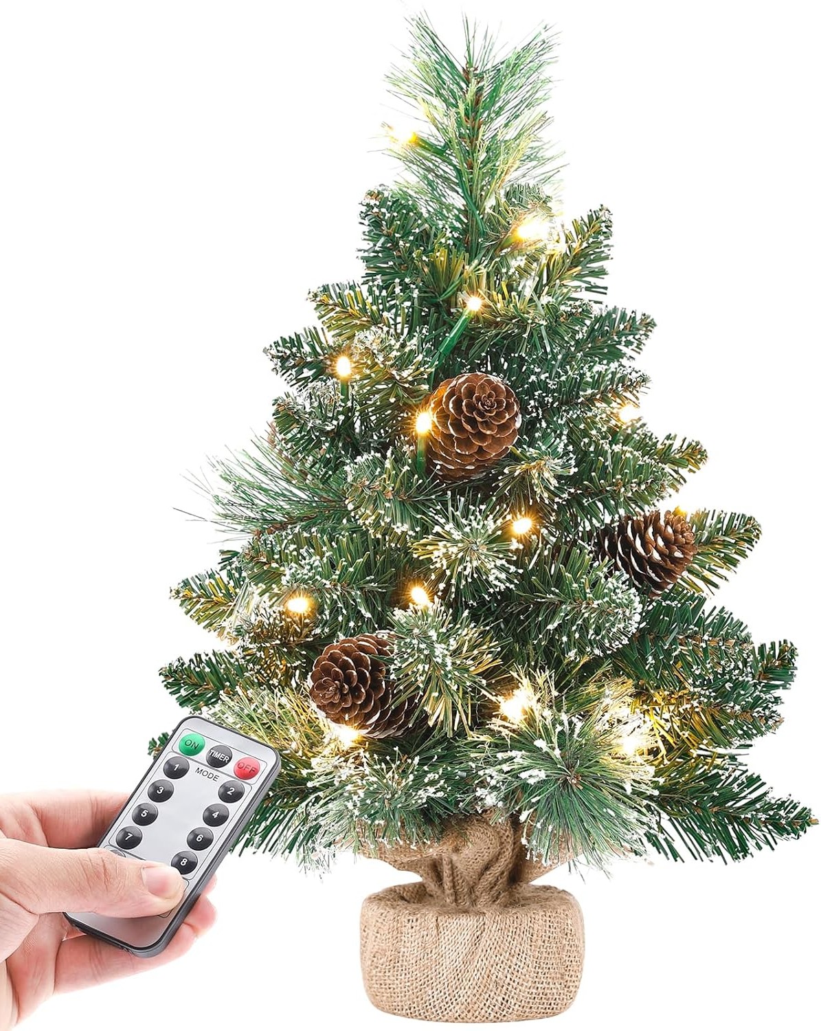 Mini vánoční stromek s teplými bílými Led diodami, 8 světelnými režimy a dekoracemi – 38 cm