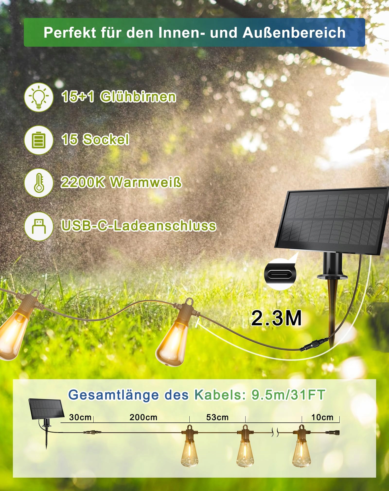 ZUSKE Lampki Girlanda Solarna 95M Wodoodporna Na Zewnątrz Ogród Balkon — miniatura 6