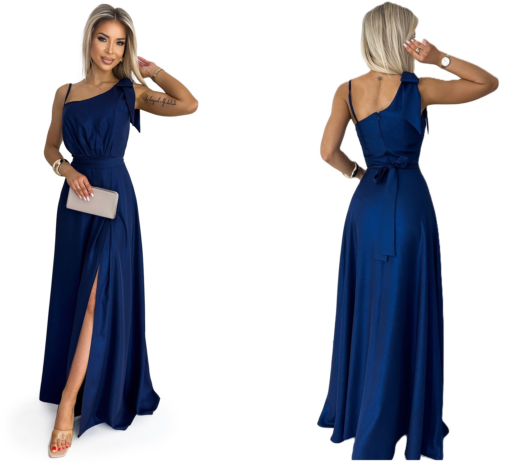 Elegantní Lesklá Šaty Na Svatební Hostinu S Mašličkou A Jedním Ramenem, Tmavě Modrá L