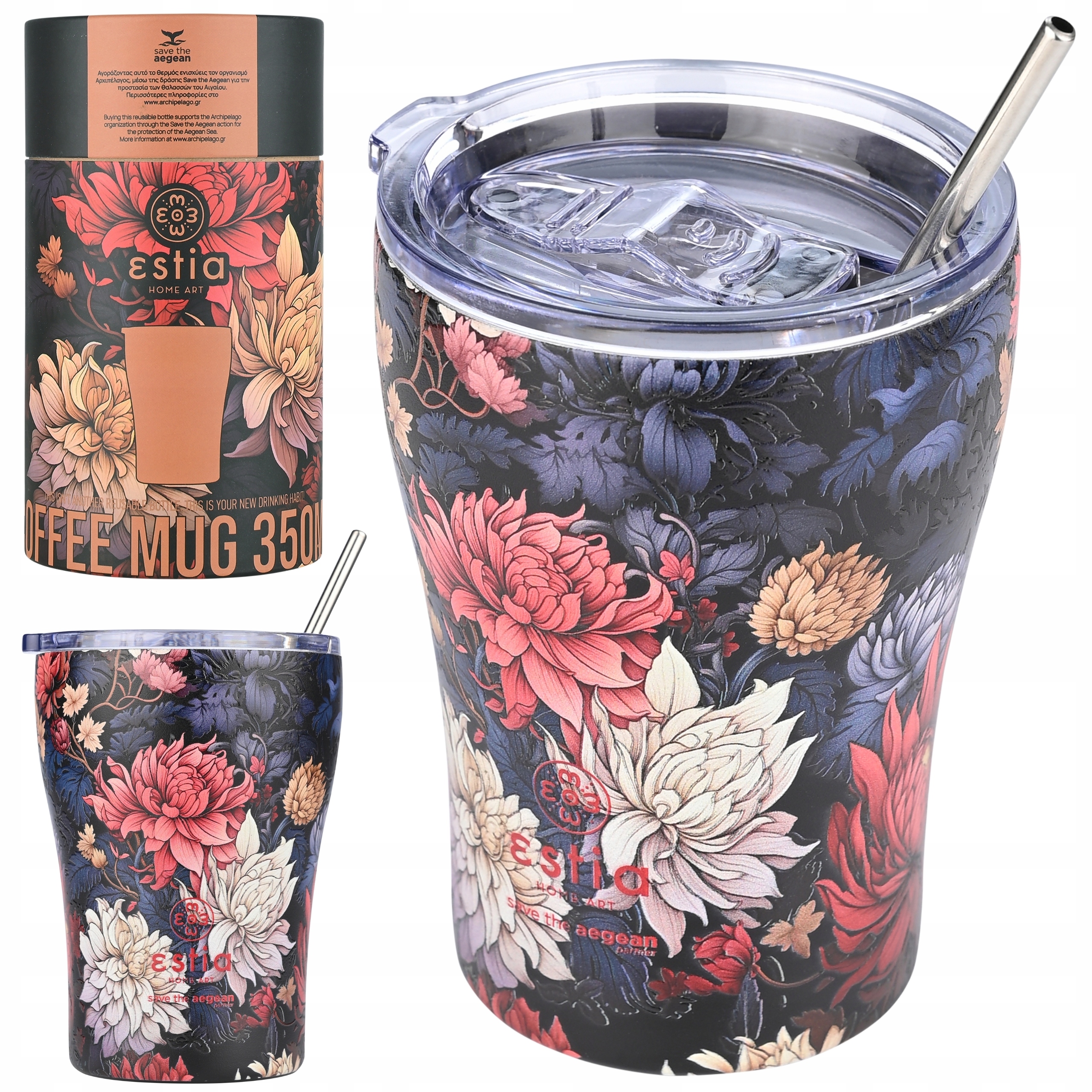 Kubek termiczny w kwiaty szczelny termos na kawę herbatę ze słomką 350ml