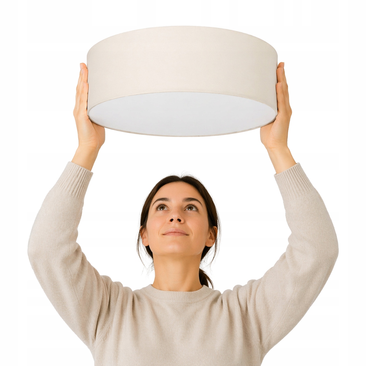 Kremowy Plafon 50cm Tondo abażur tkanina plexi 3xE27 lampa sufitowa okrągła