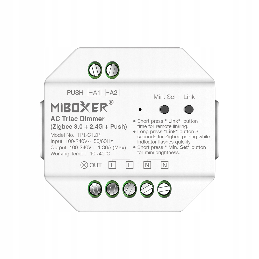 MiBoxer TRI-C1ZR stmívač Dimmer Triac Ac Zigbee 3.0 2.4 GHz Rf Push