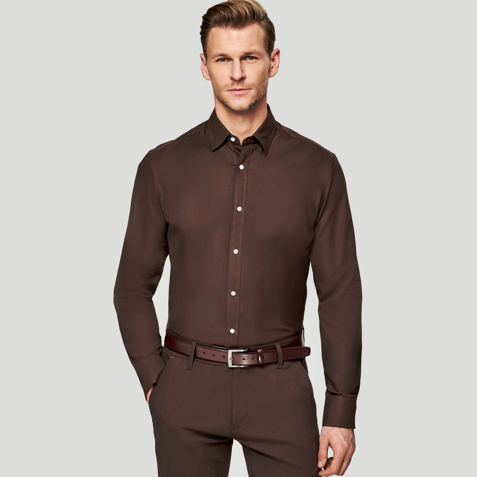 Hnědá pánská bavlněná košile Slim Fit Pako Lorente vel 3XL