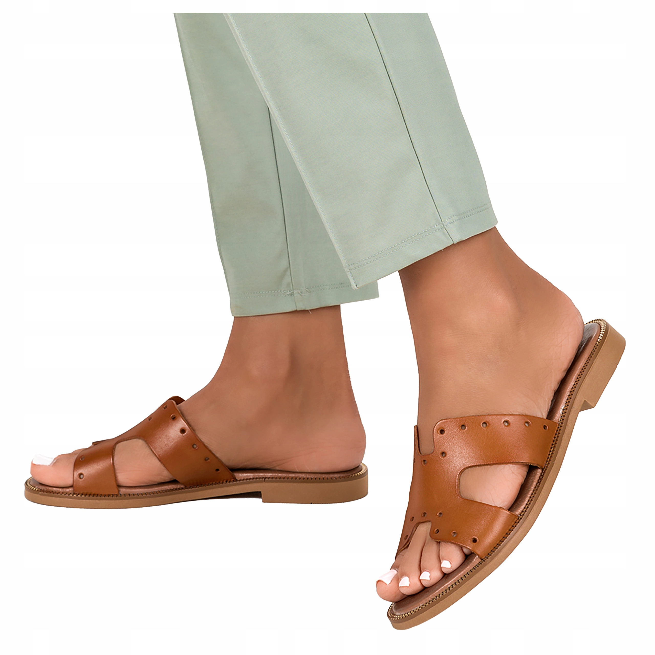 Nazouváky Dámské kožené Plochá ozdobná podrážka Hnědé Polský Výrobek vel. 38