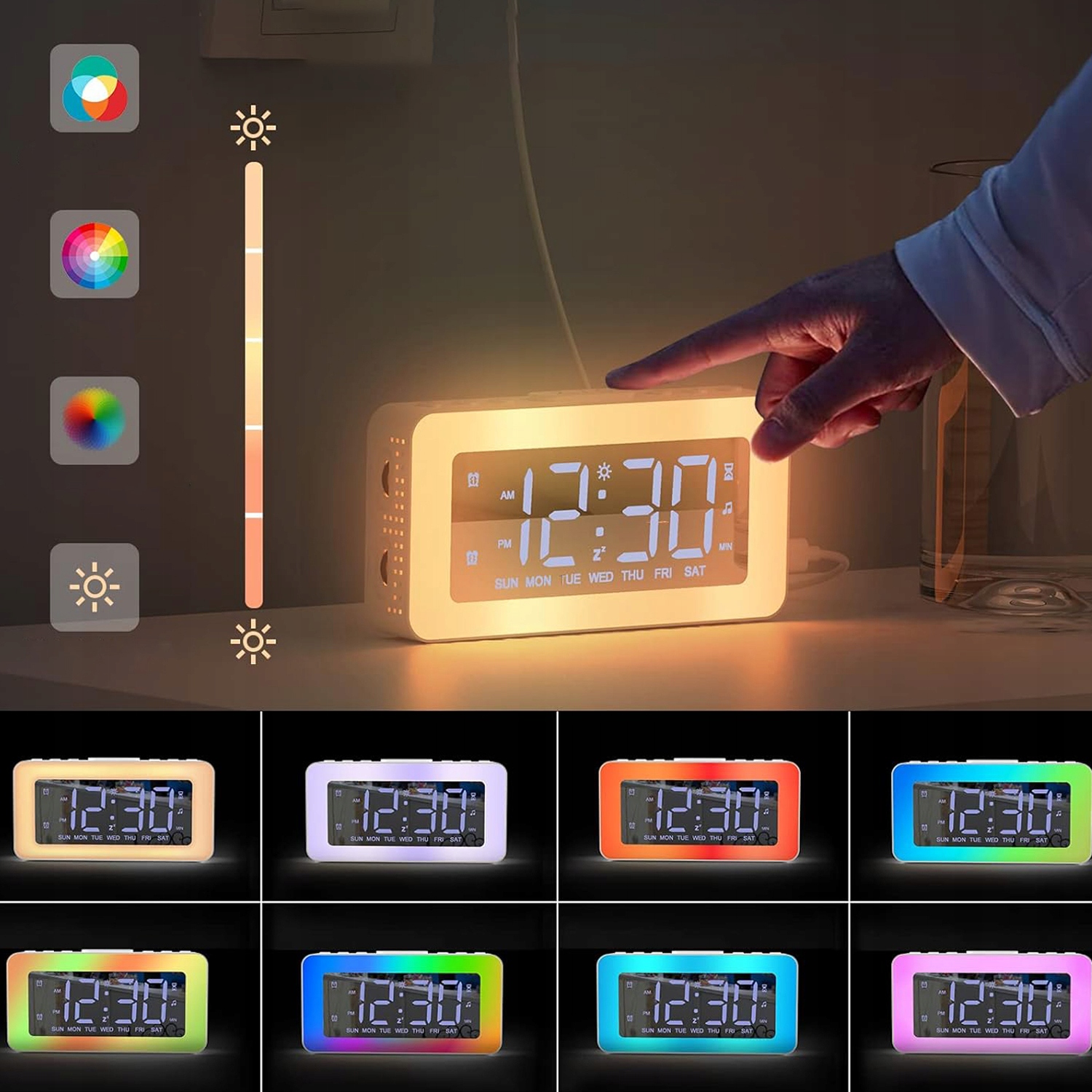 BUDZIK Zegar Elektroniczny RGB LED Cichy Cyfrowy Stojący Nowoczesny premium Kształt prostokątny