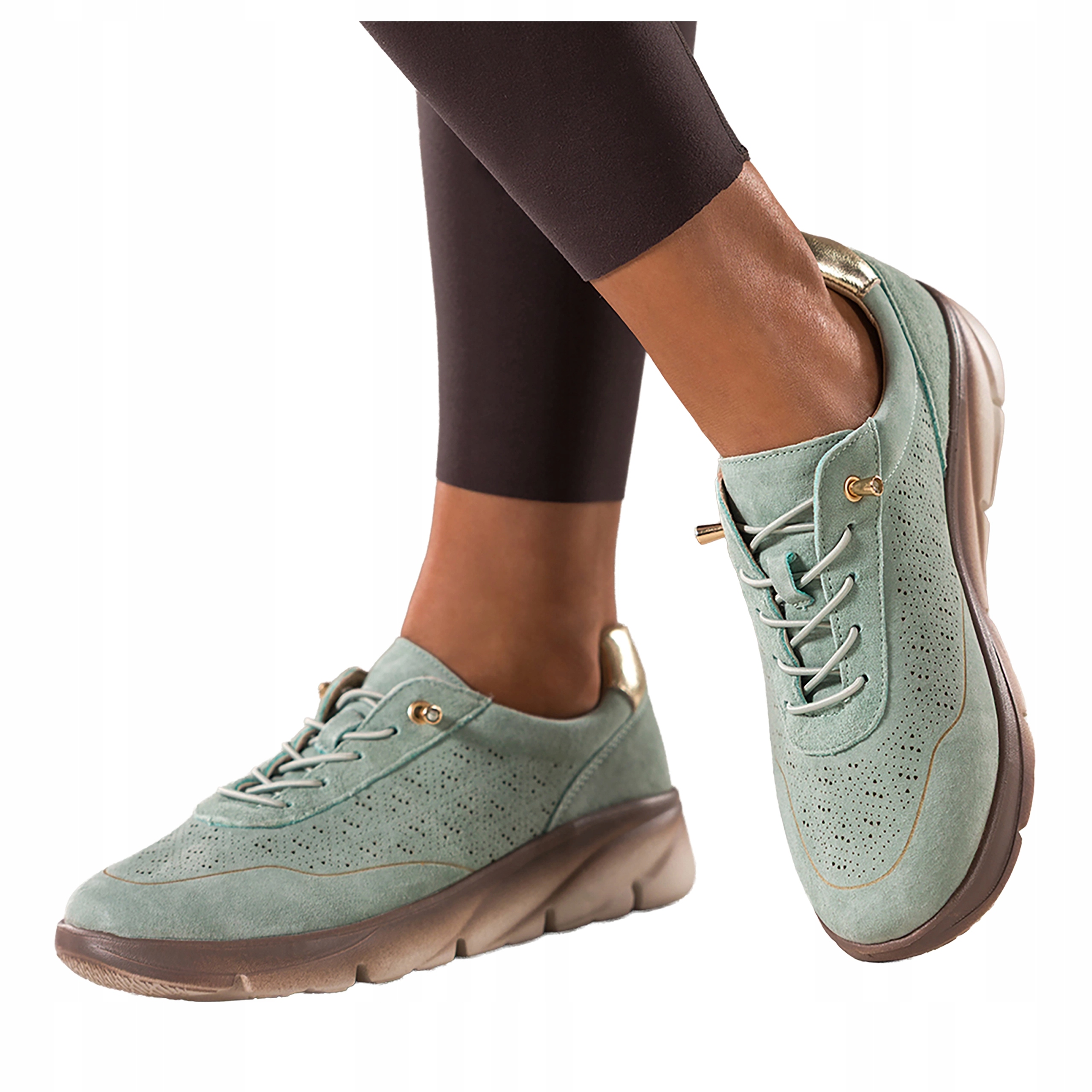 Zelené dámské Ažurové Tenisky se šněrováním na platformě, Kožené, velikost 40