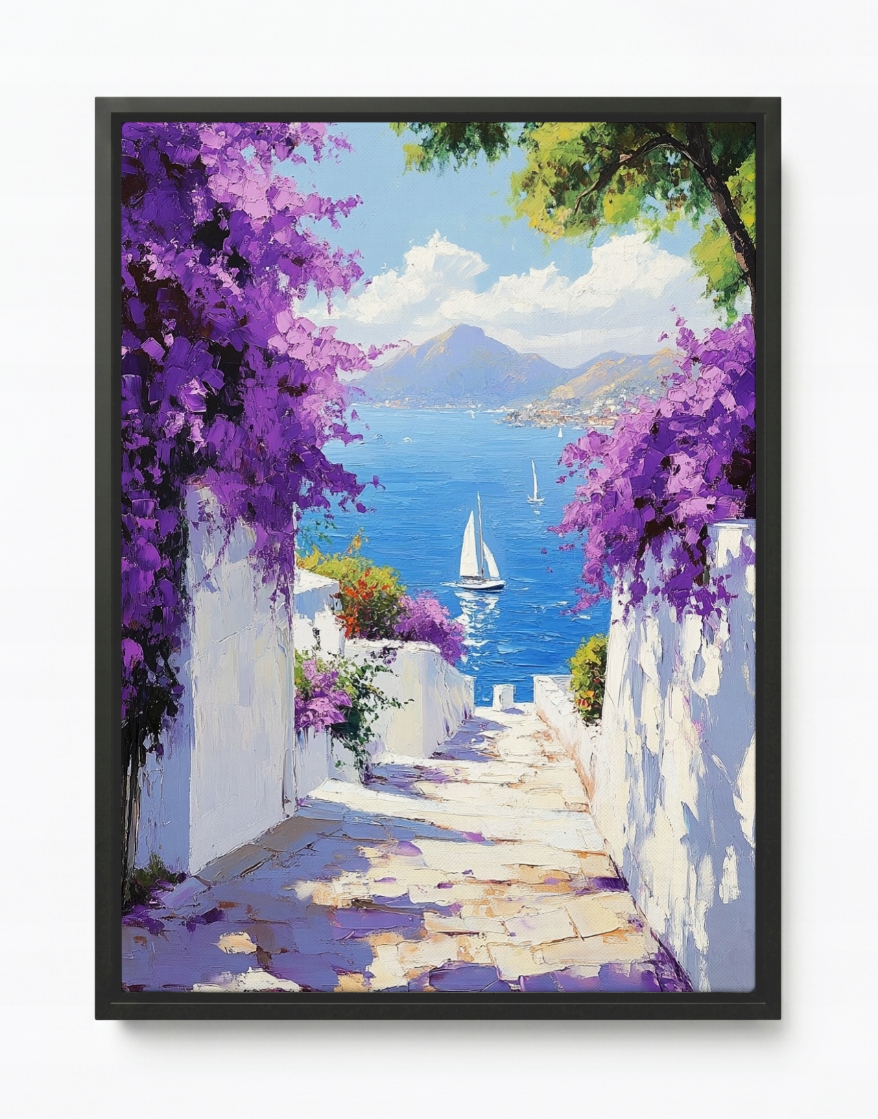Obraz Rám Americký Box Řecko Santorini Ulička Moře Květiny Pohled 60x80