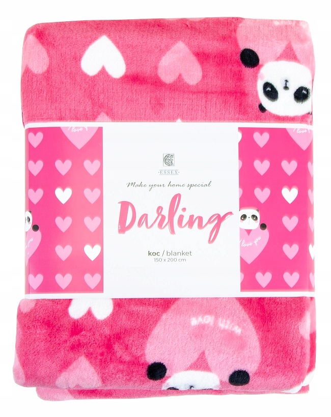 

Miękki, różowy koc w serduszka i w pandy 150x200
