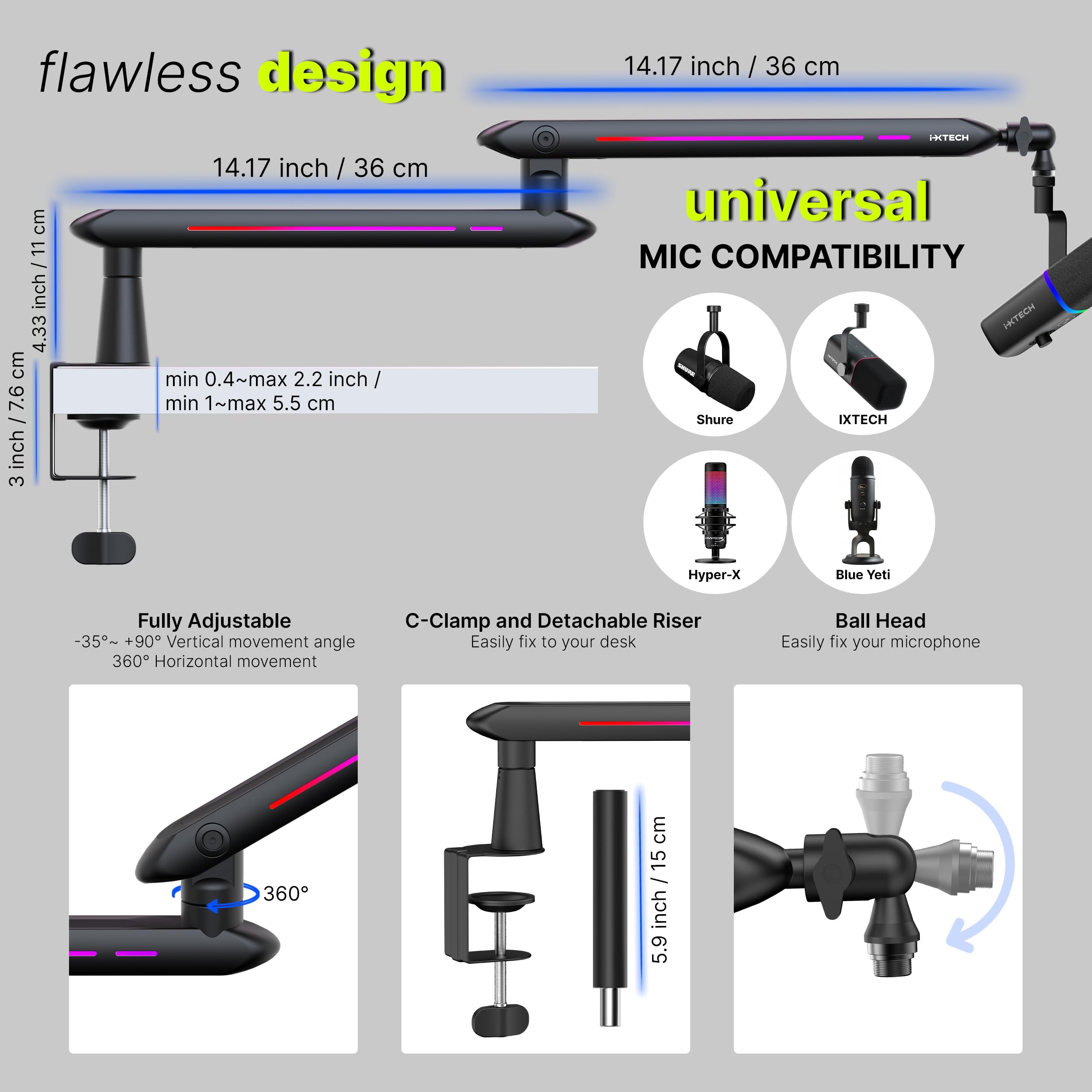IXTECH Niskoprofilowy Ramię Mikrofonowe RGB z Uchwytami do Podcastów — miniatura 9