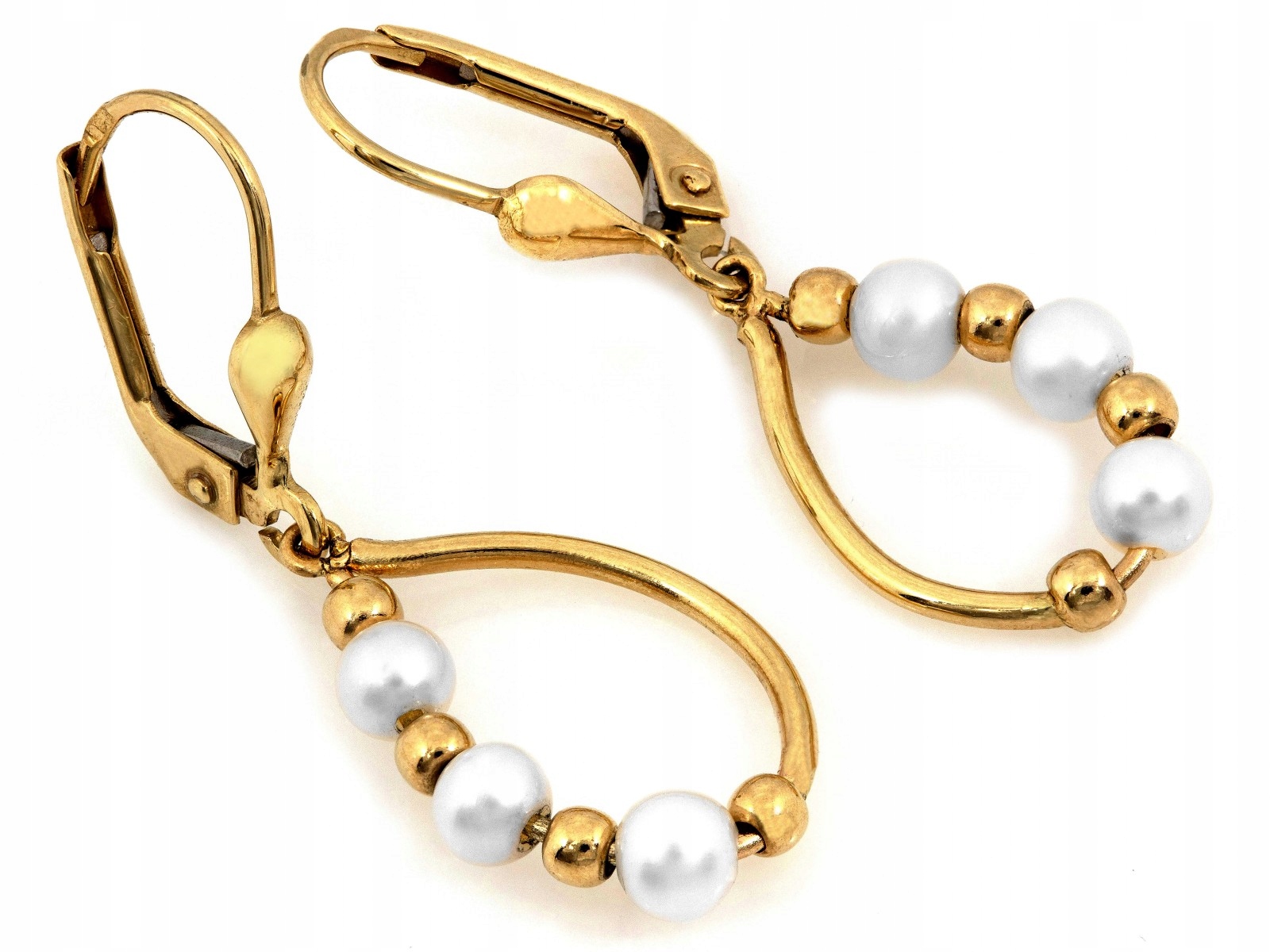 Zlaté náušnice 585 závěsné kapky s bílými perlami jako dárek 14kt mandle