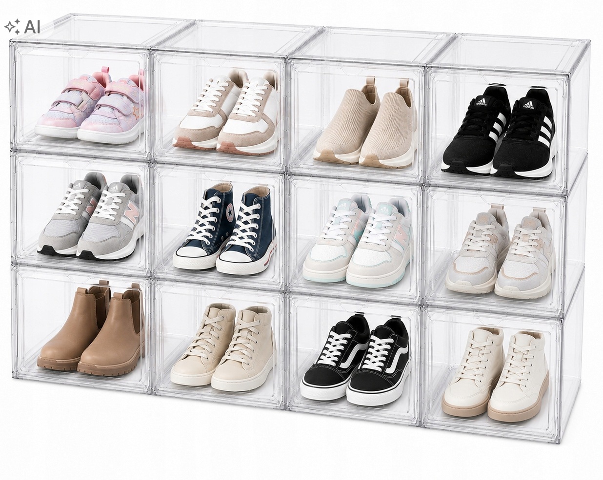 12 szt Pojemnik na buty Premium przezroczysty piętrowany z klapką na magnes