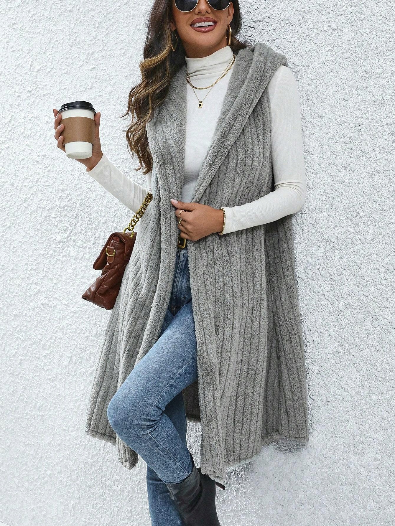 KAMIZELKA SZARA Z KAPTUREM PRĄŻKOWANY PROSTY BEZRĘKAWNIK SHEIN 38 Rozmiar 38