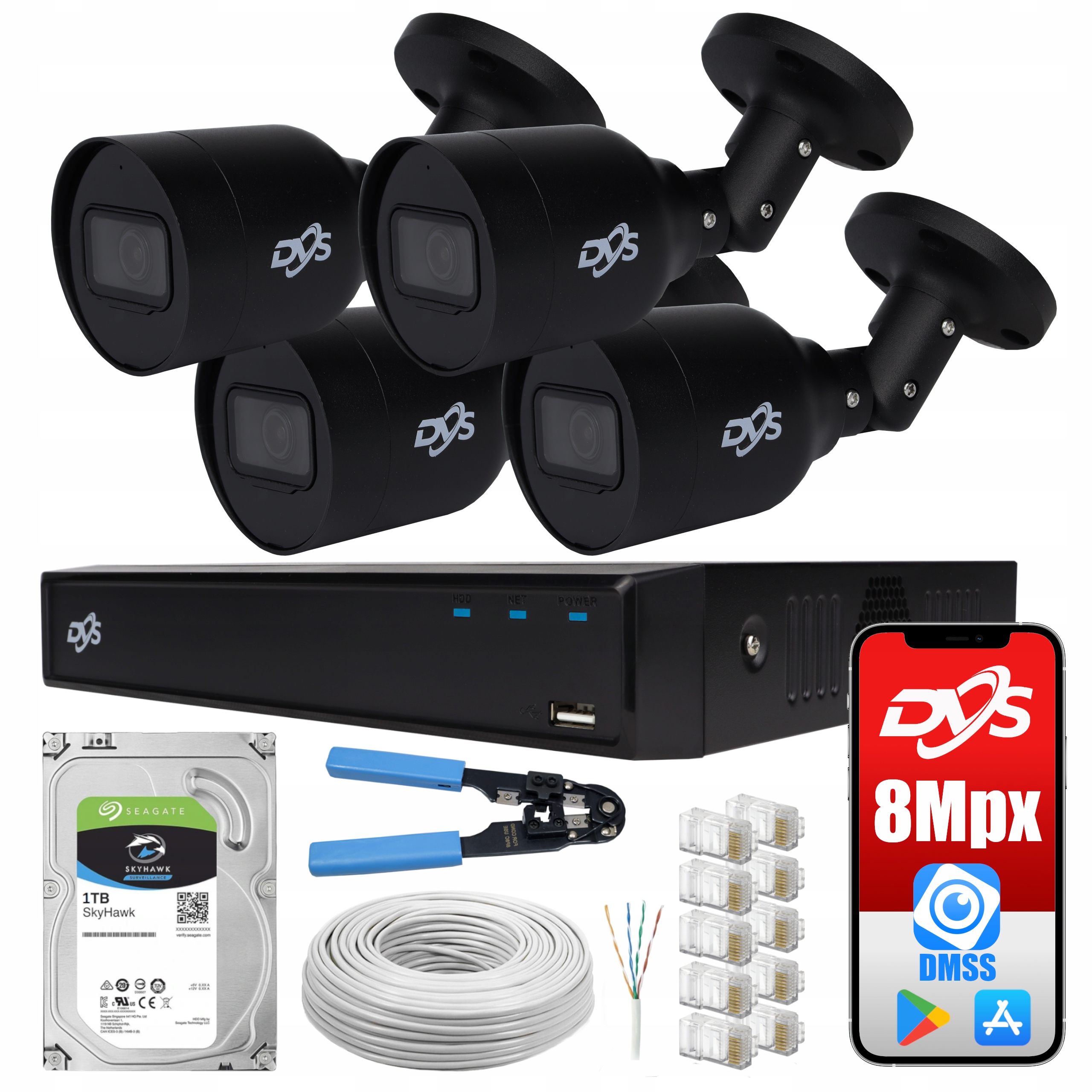 ZESTAW MONITORINGU 4 KAMERY IP CZARNE 8Mpx PoE 1TB