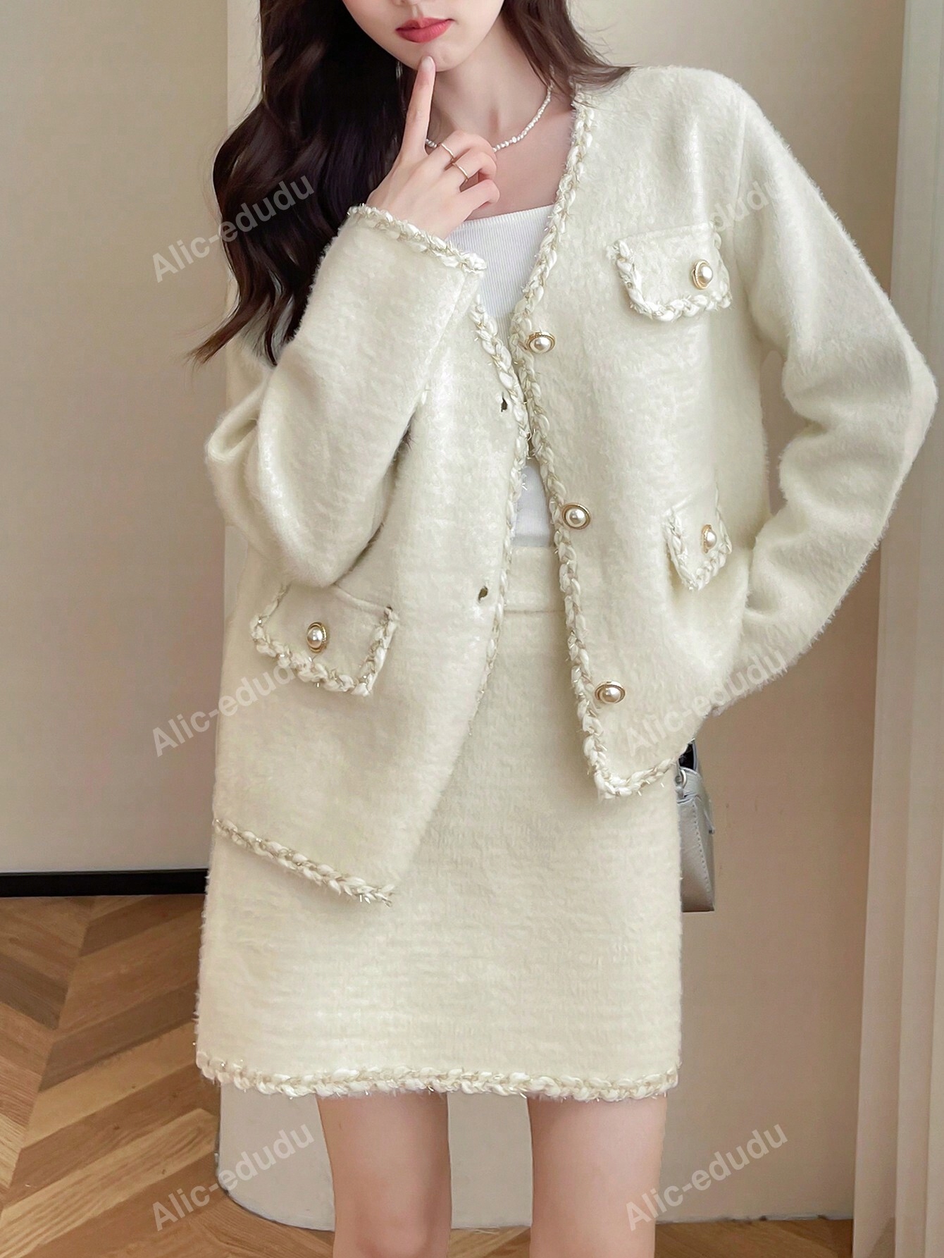 Pletený Komplet Elegantní, Nadýchaný, Chlupatý, Béžový, Velikost 36