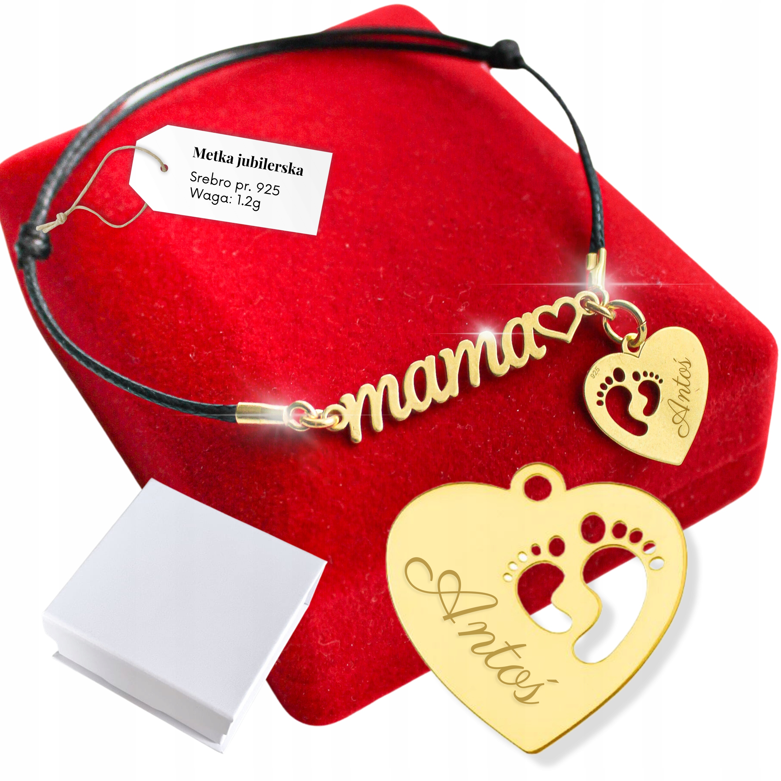 

Złota Bransoletka 925 Grawer Mama Serce Stópki