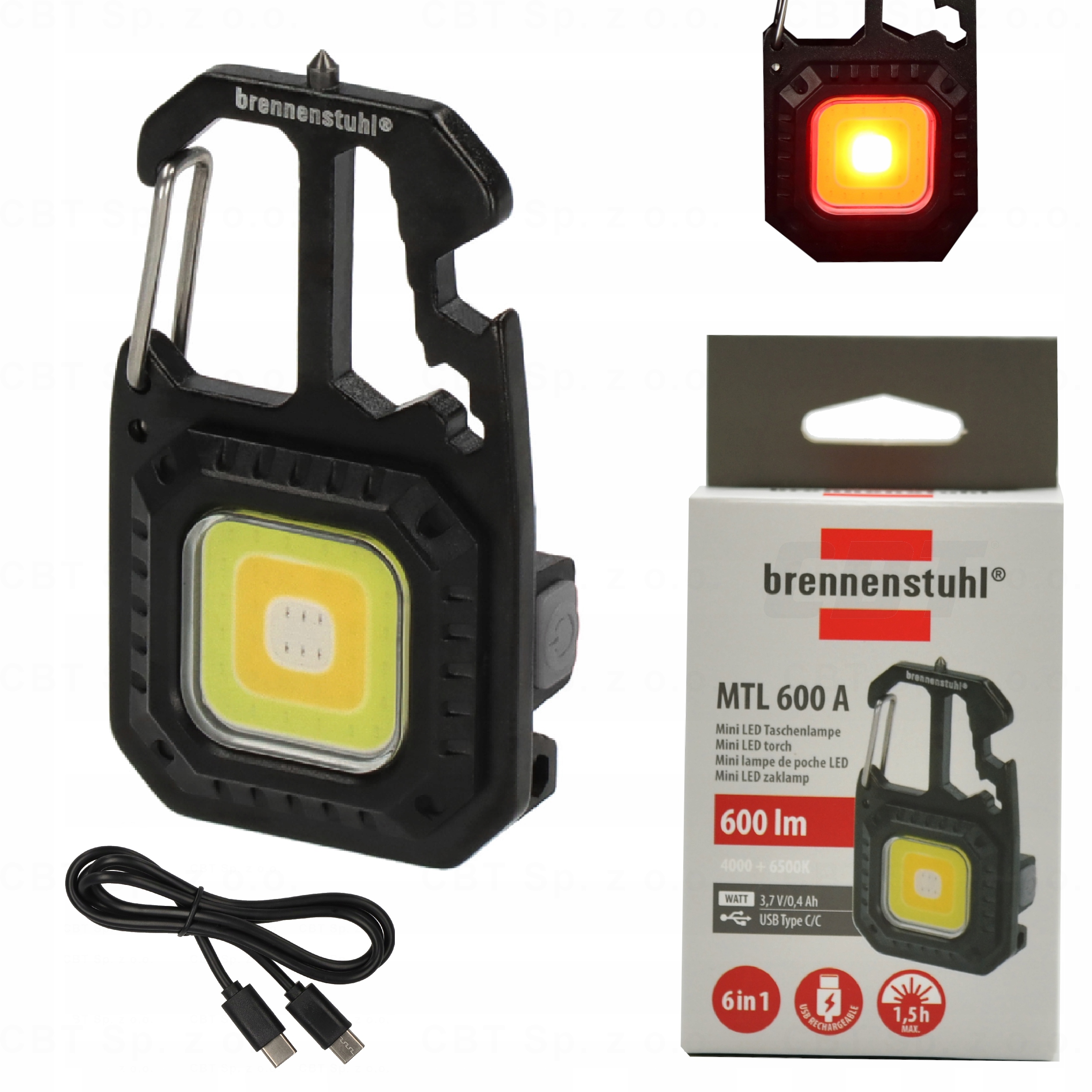Lampka 600 LM Światło Ciepłe Zimne Czerwone Gadżet Multitool Brelok Kabel C